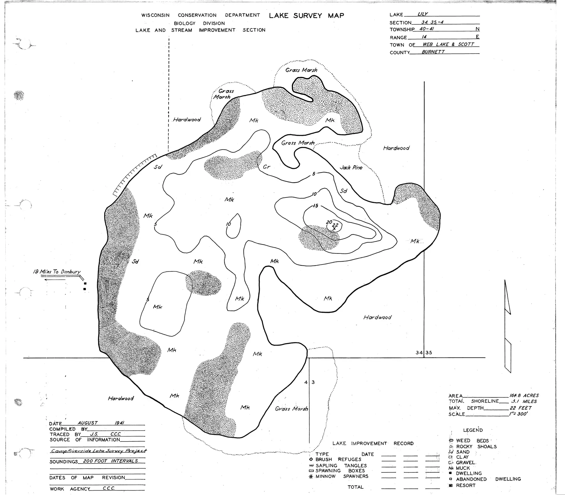 DNR survey map of Lily Lake, with depths in feet. Tap to zoom.