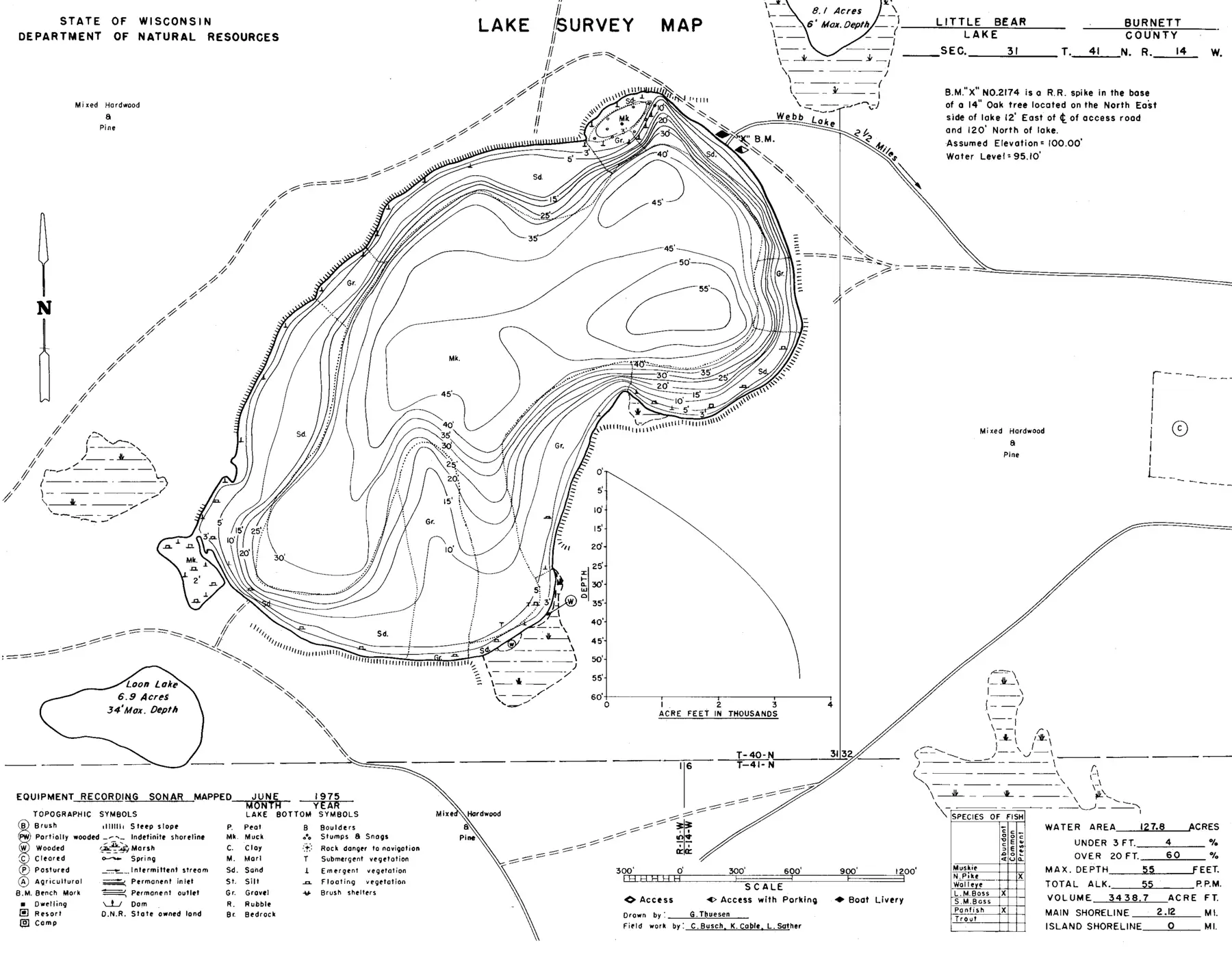 DNR survey map of Little Bear Lake, with depths in feet. Tap to zoom.