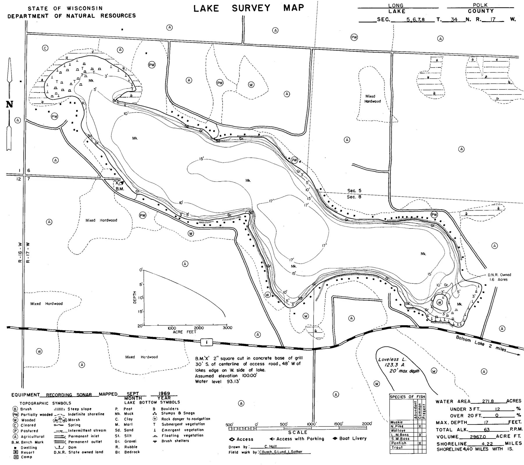 DNR survey map of Long Lake, with depths in feet. Tap to zoom.