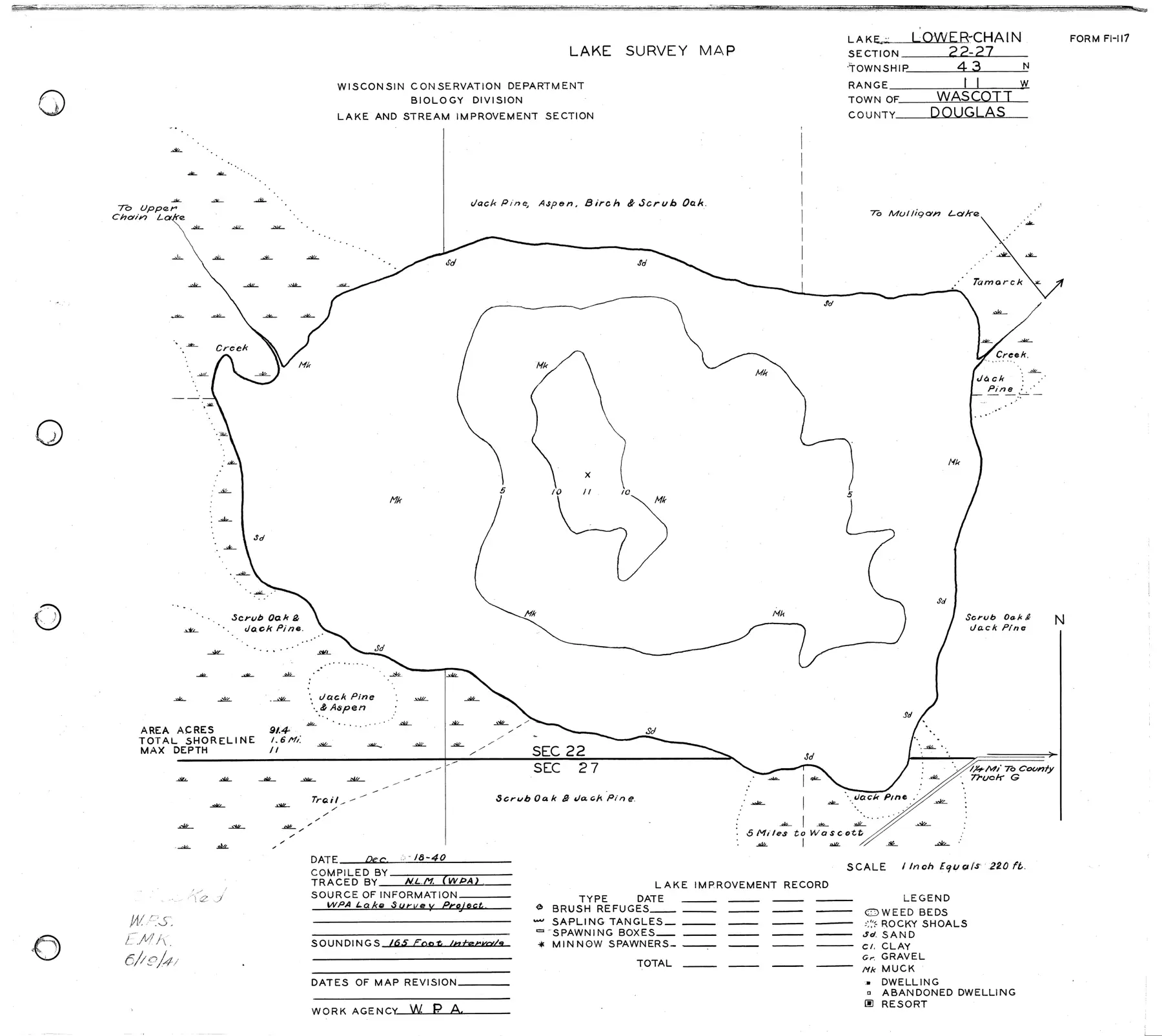 DNR survey map of Chain Lakes, with depths in feet. Tap to zoom.