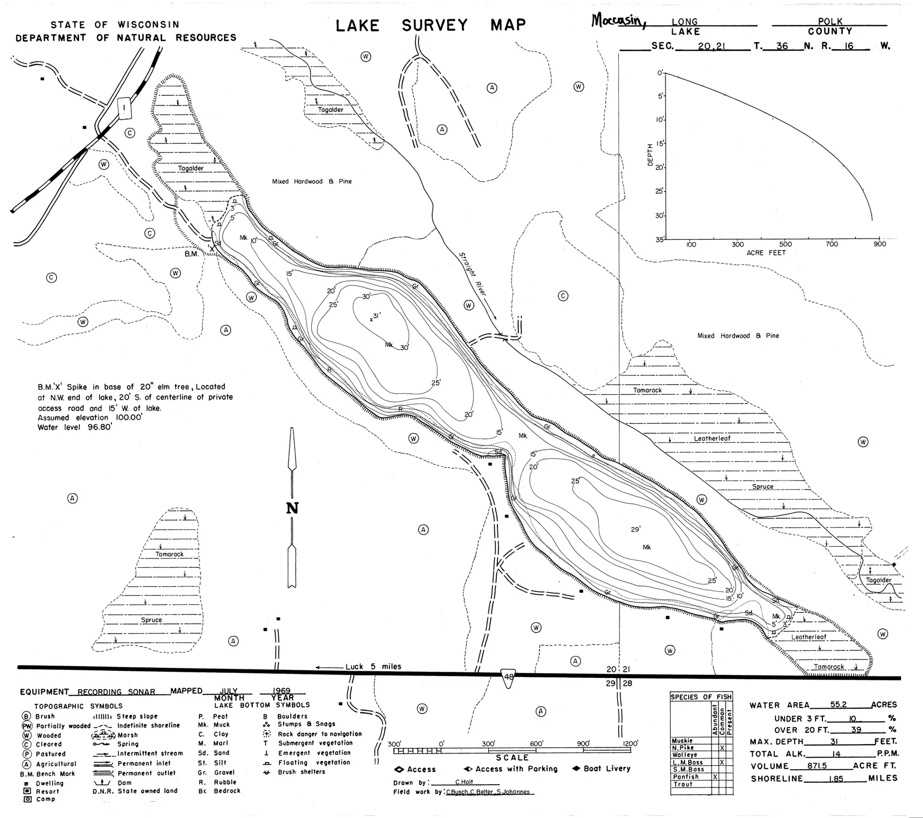 DNR survey map of Long Lake, with depths in feet. Tap to zoom.
