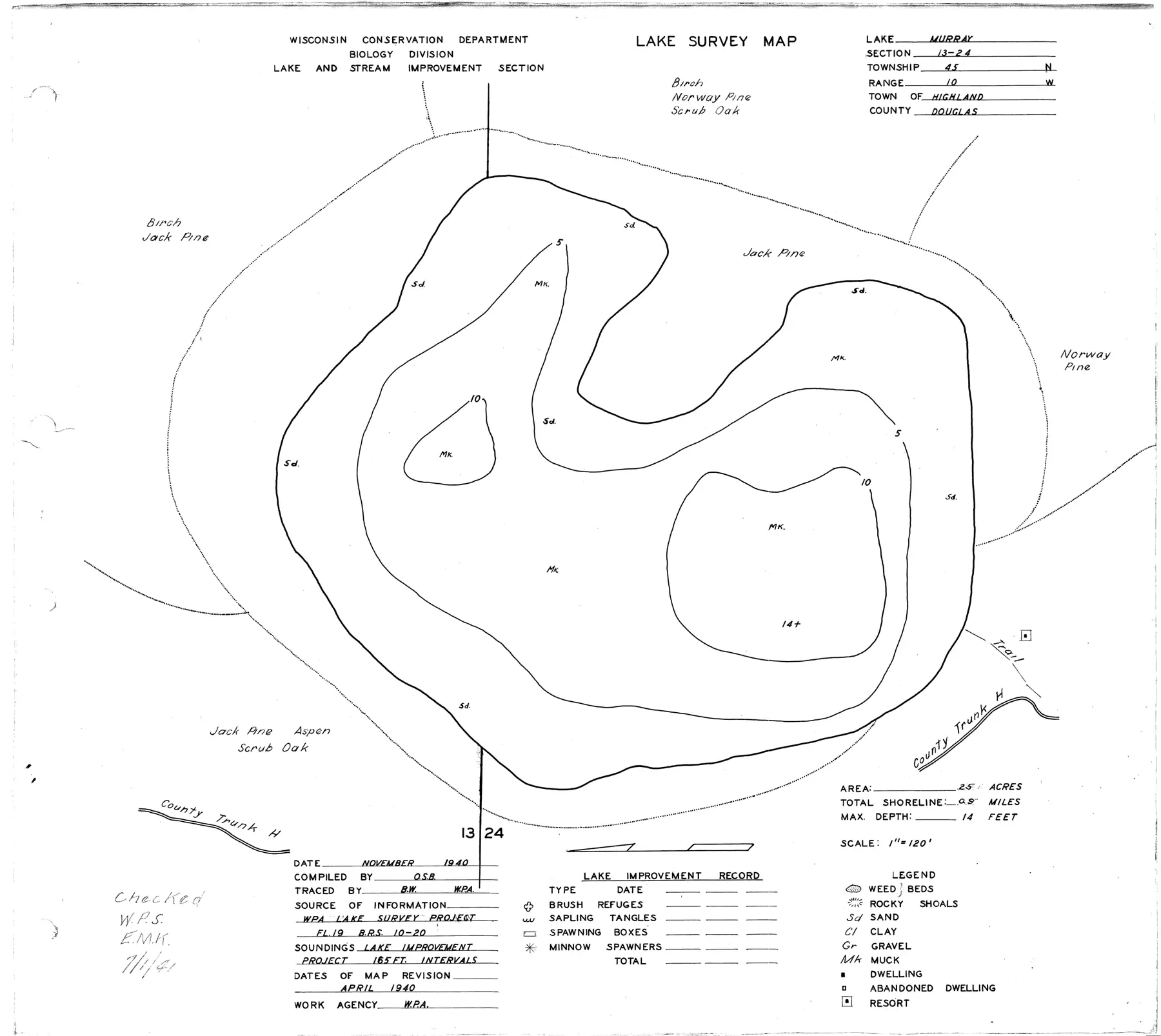 DNR survey map of Murray Lake, with depths in feet. Tap to zoom.