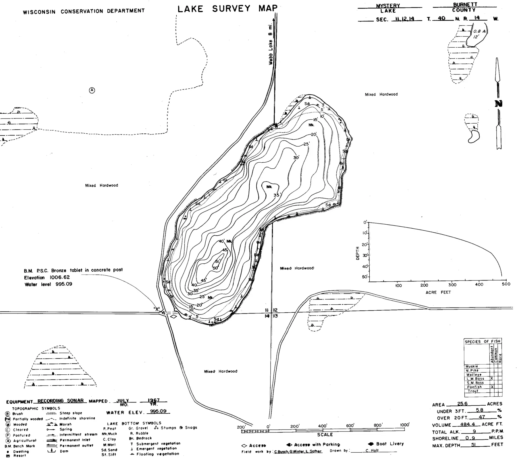 DNR survey map of Mystery Lake, with depths in feet. Tap to zoom.