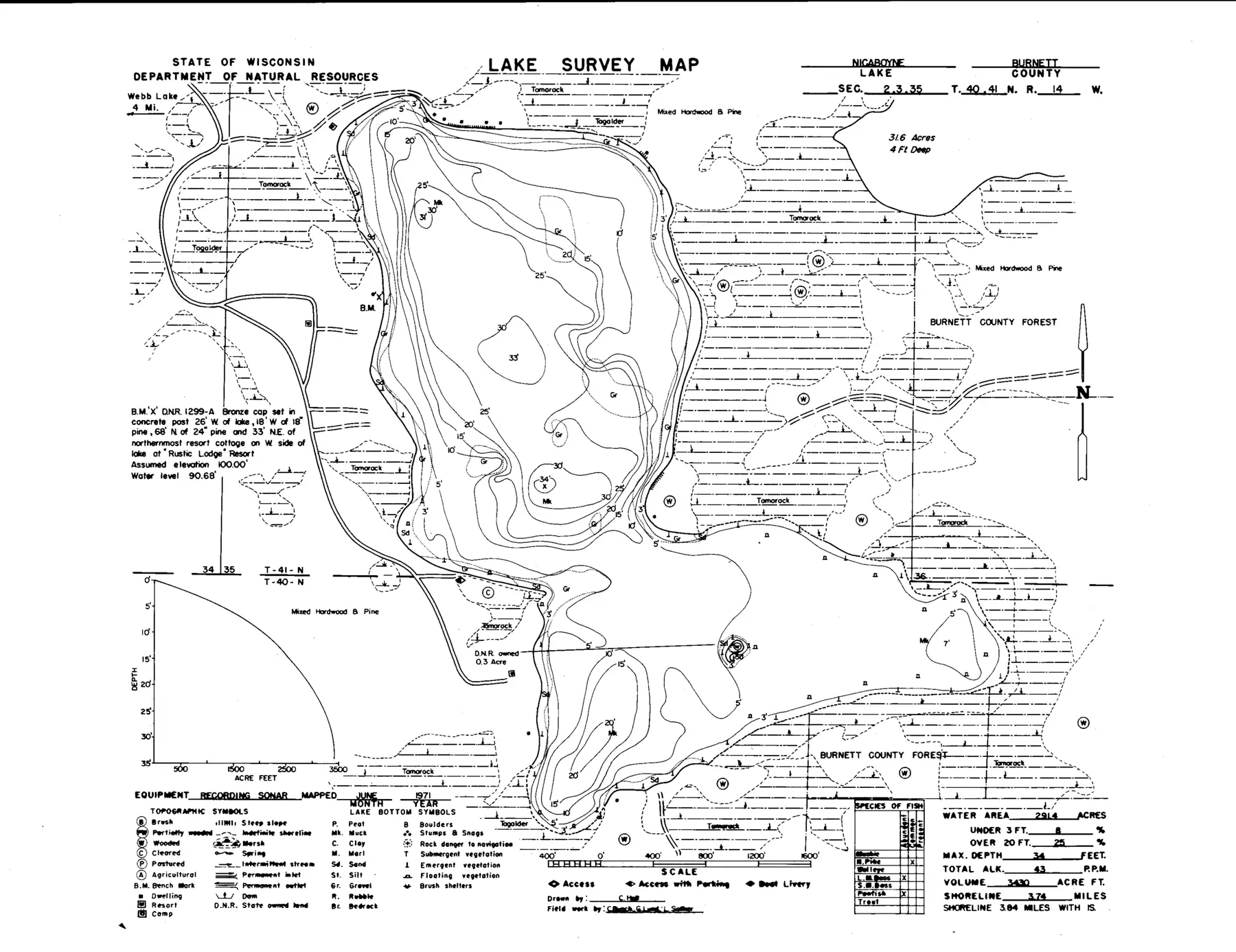 DNR survey map of Nicaboyne Lake, with depths in feet. Tap to zoom.