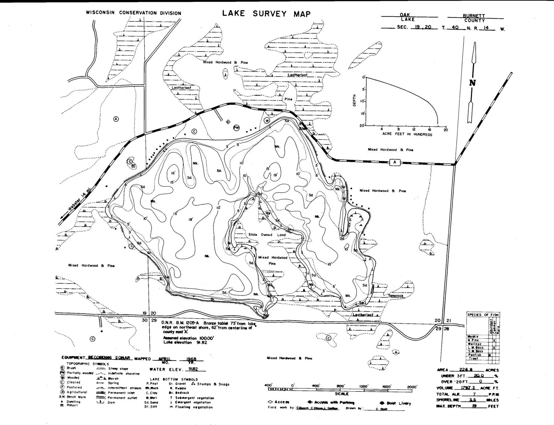 DNR survey map of Oak Lake, with depths in feet. Tap to zoom.