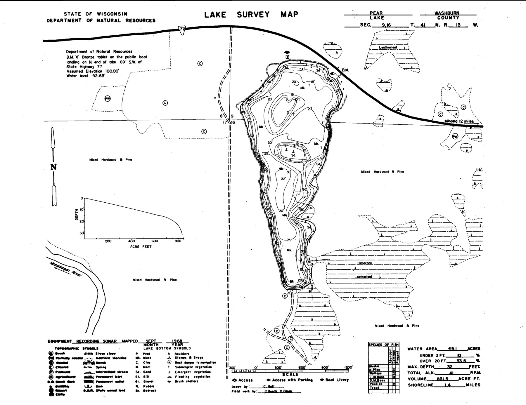 DNR survey map of Pear Lake, with depths in feet. Tap to zoom.