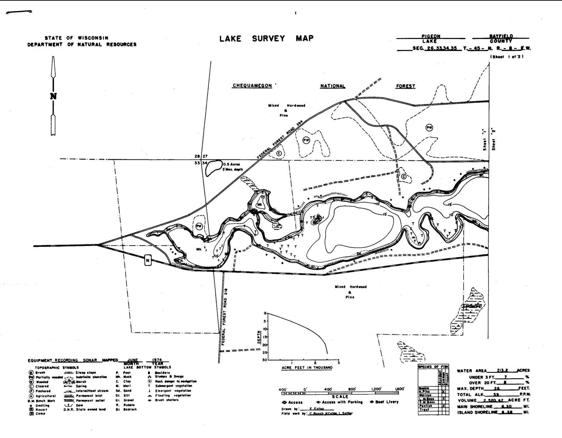 DNR survey map of Pigeon Lake, sheet 1 of 2, with depths in feet. Tap to zoom.