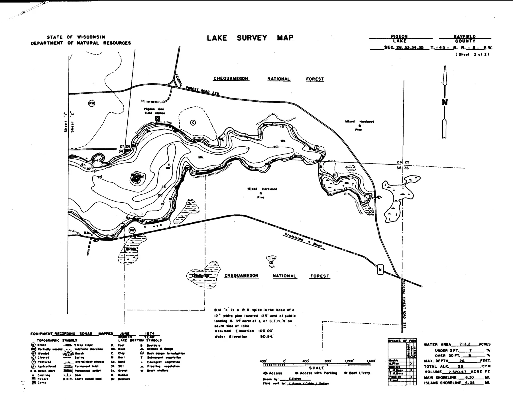 DNR survey map of Pigeon Lake, sheet 2 of 2, with depths in feet. Tap to zoom.