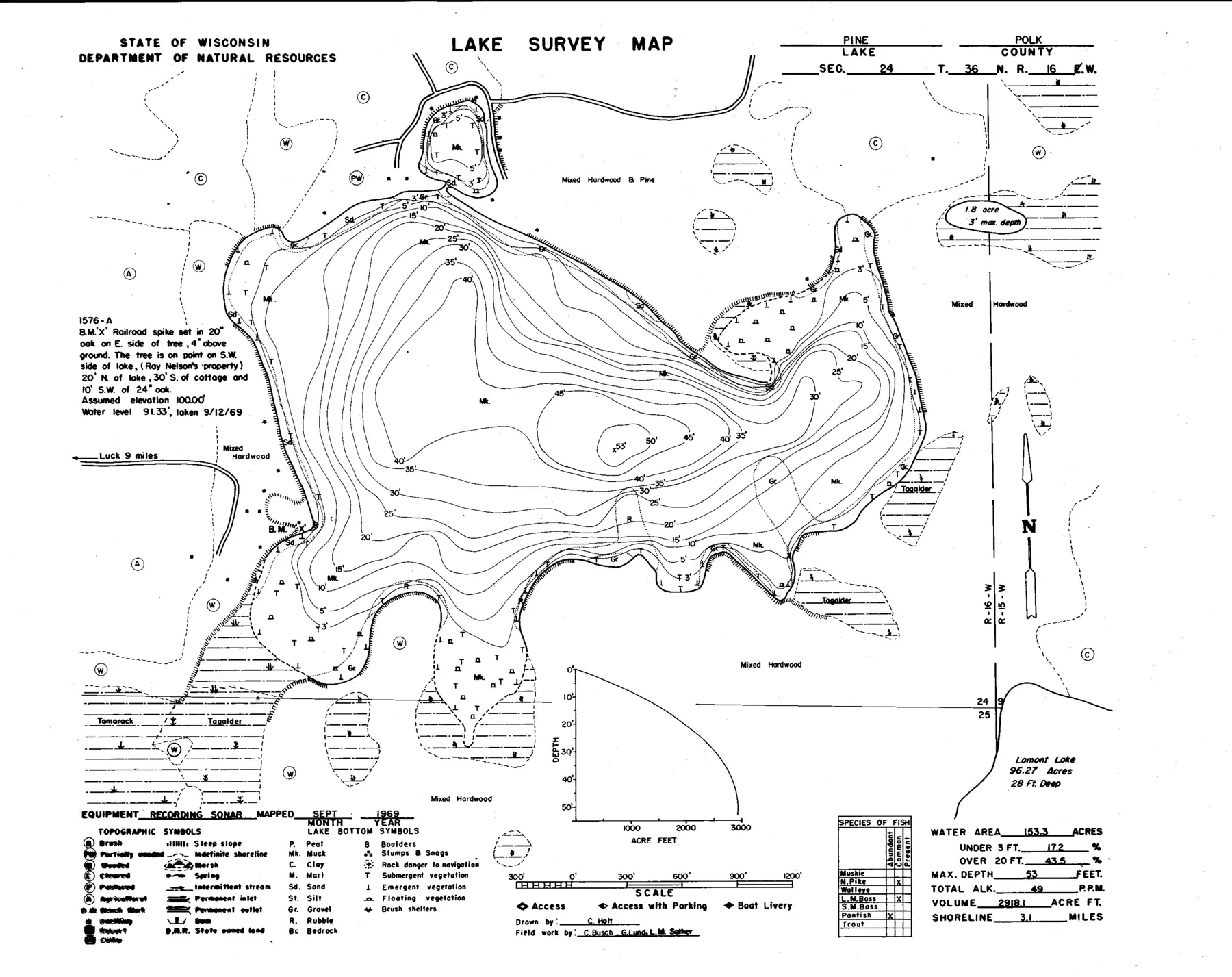 DNR survey map of Pine Lake, with depths in feet. Tap to zoom.