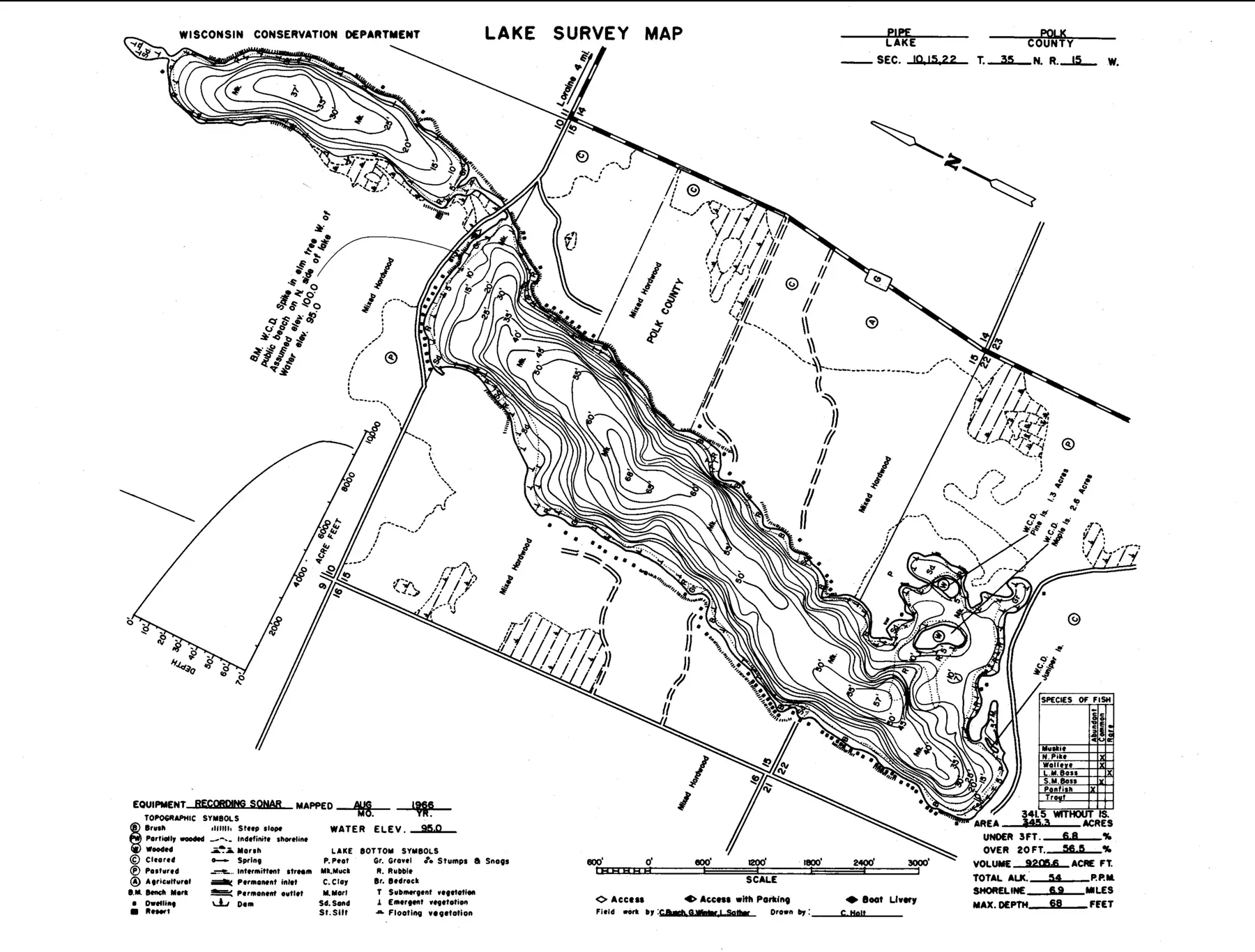 DNR survey map of Pipe Lake, with depths in feet. Tap to zoom.