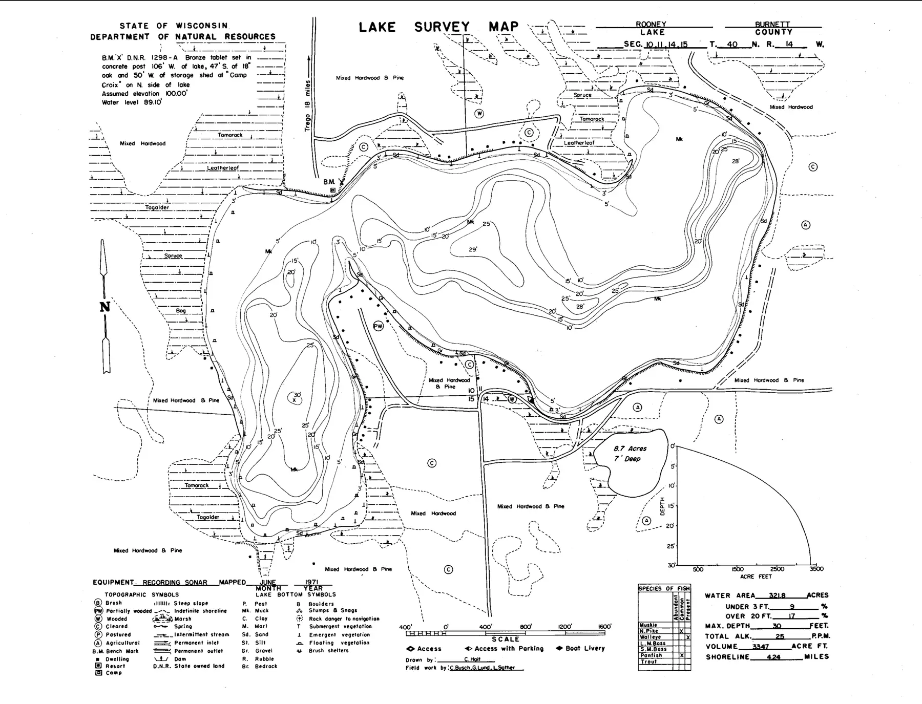 DNR survey map of Rooney Lake, with depths in feet. Tap to zoom.