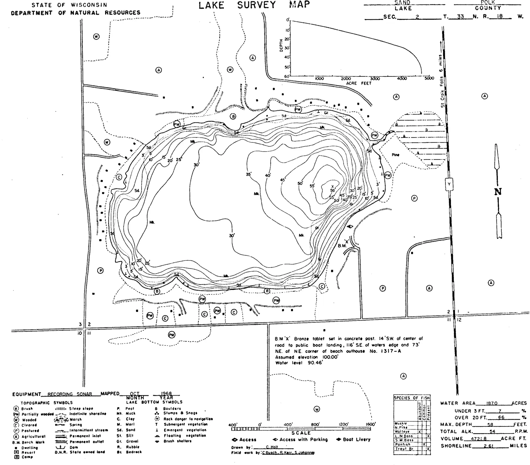 DNR survey map of Sand Lake, with depths in feet. Tap to zoom.