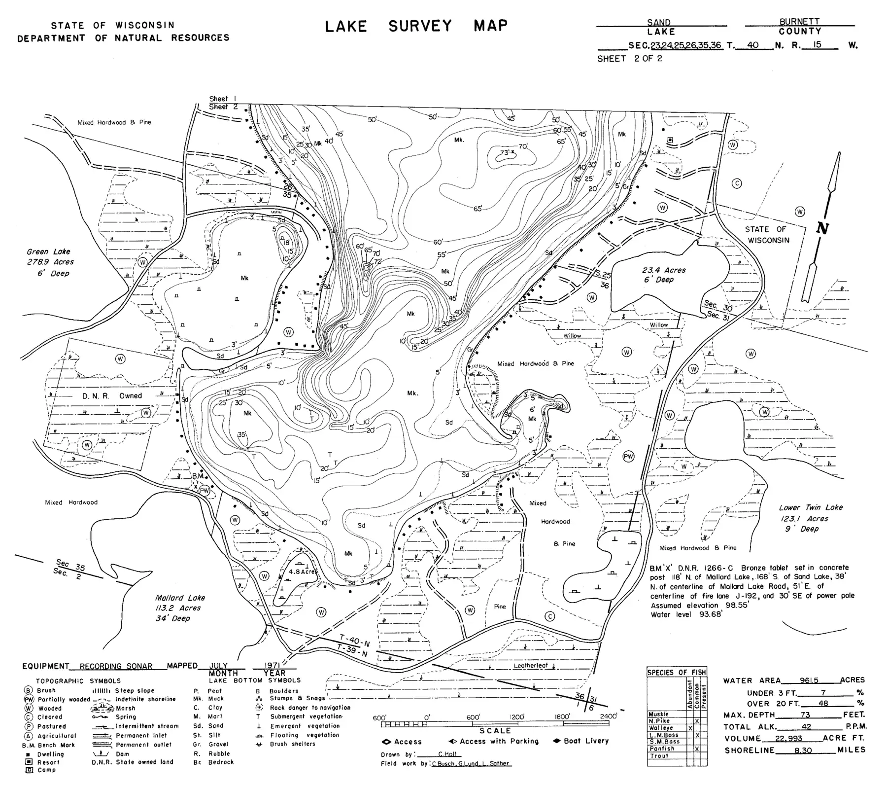 DNR survey map of Sand Lake, sheet 2 of 2, with depths in feet. Tap to zoom.