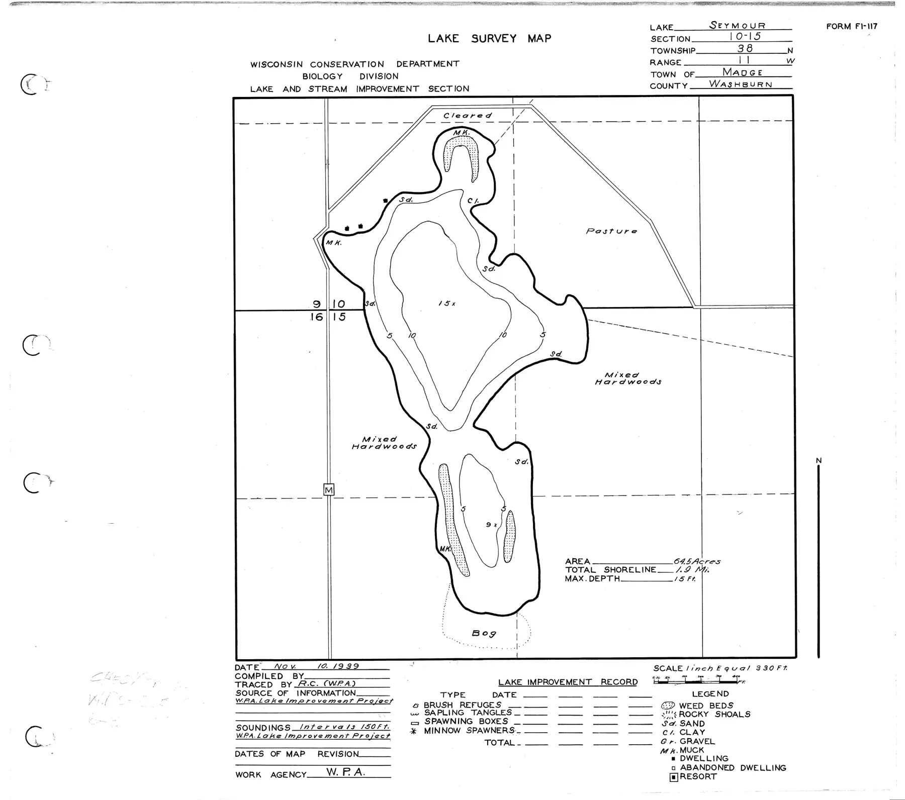 DNR survey map of Seymour Lake, with depths in feet. Tap to zoom.