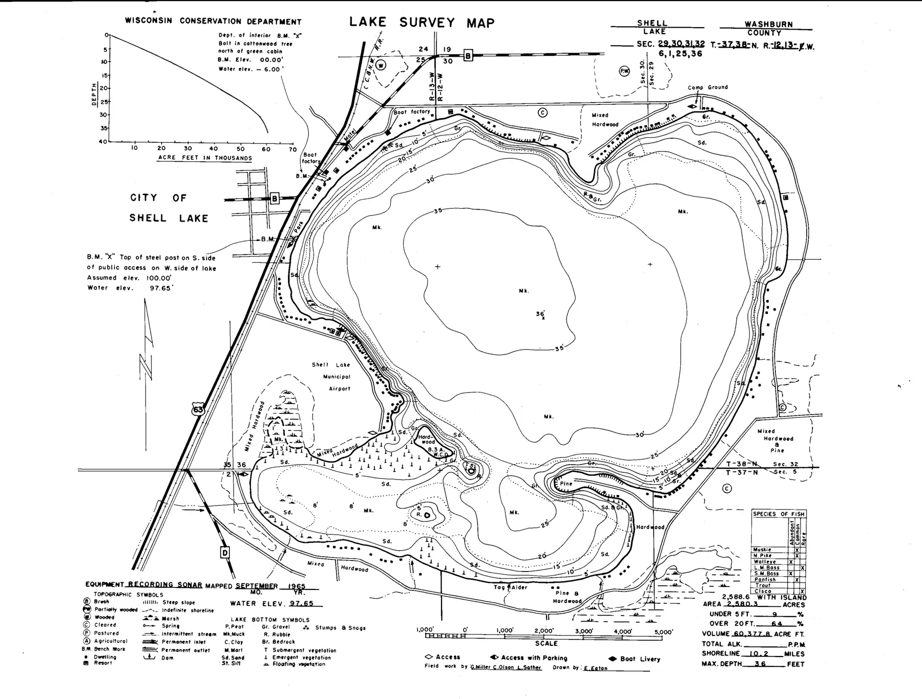 DNR survey map of Shell Lake, with depths in feet. Tap to zoom.