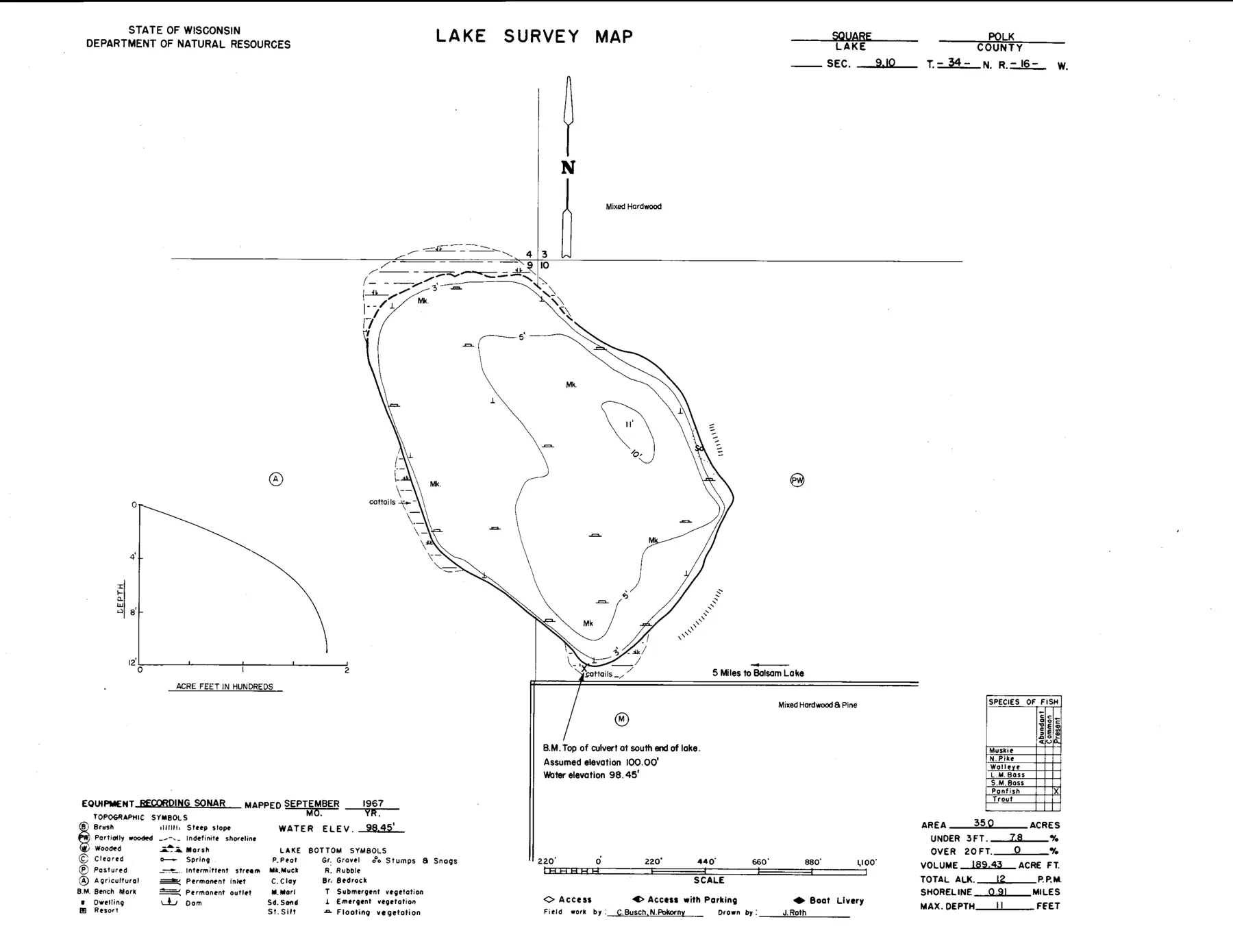 DNR survey map of Square Lake, with depths in feet. Tap to zoom.
