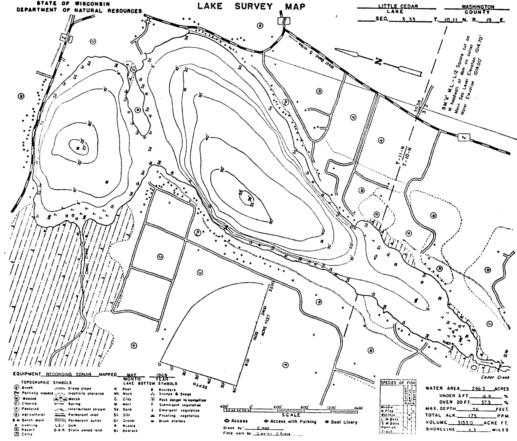 DNR survey map of Little Cedar Lake, with depths in feet. Tap to zoom.