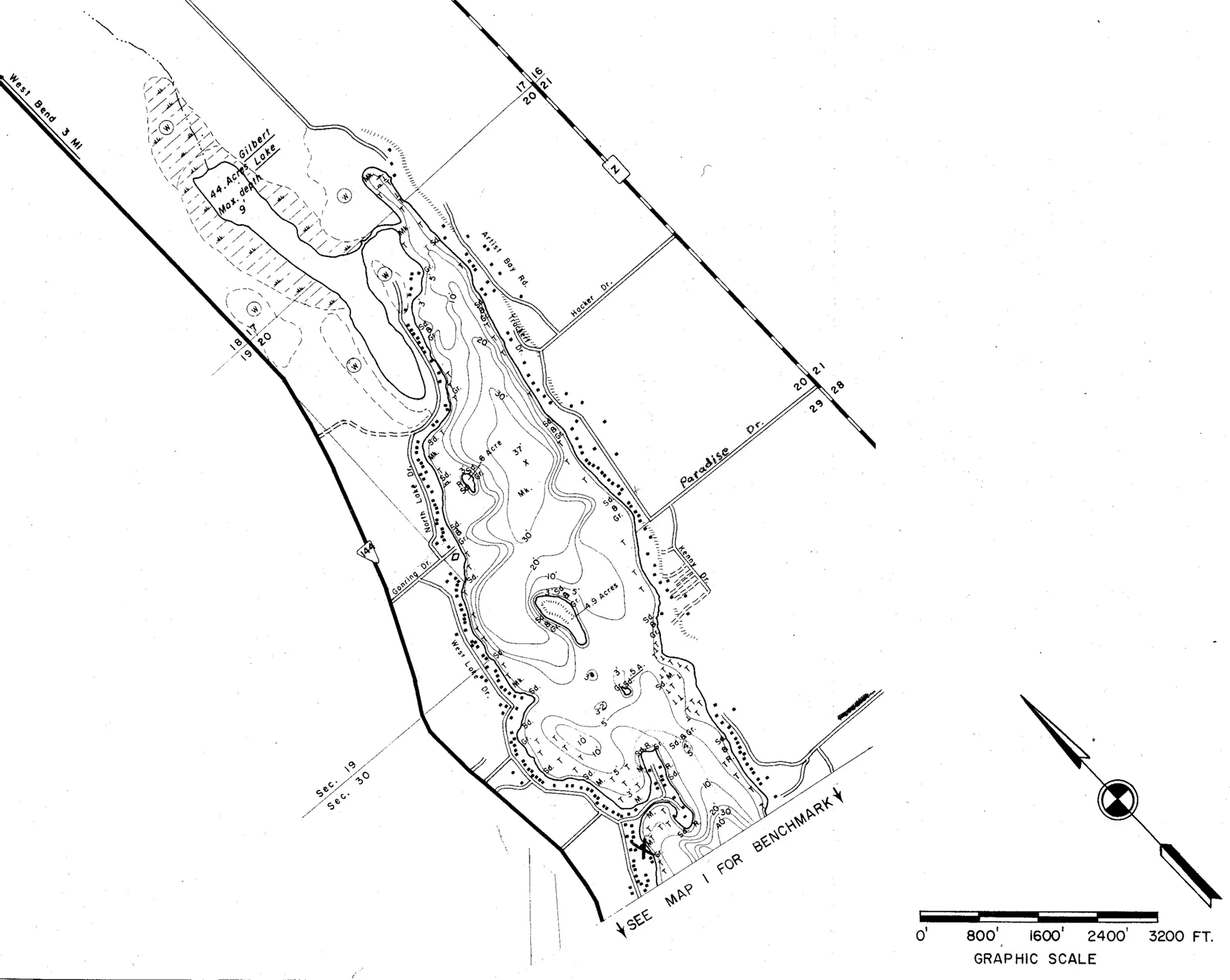 DNR survey map of Cedar Lake, sheet 1 of 3, with depths in feet. Tap to zoom.