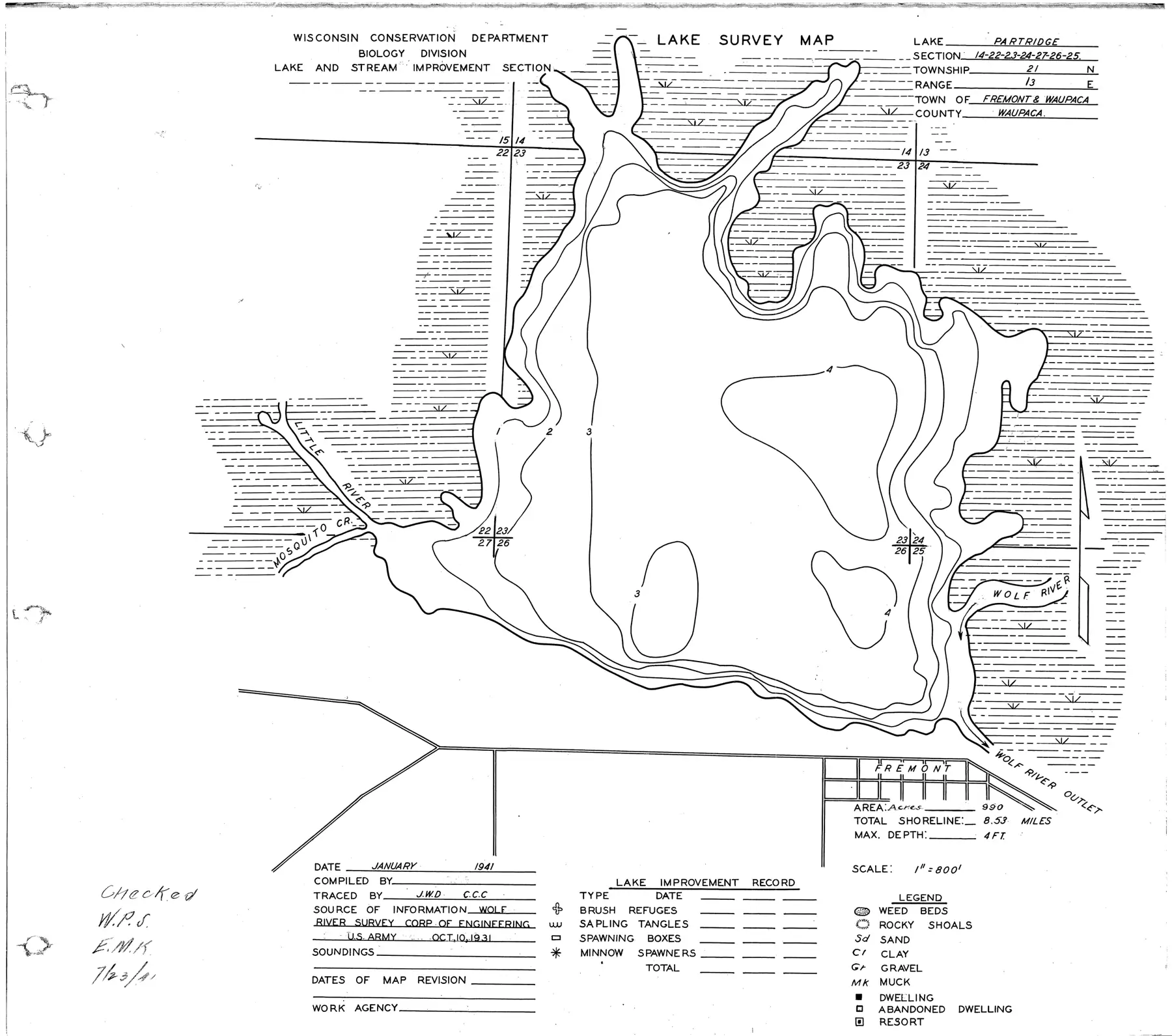 DNR survey map of Partridge Lake, with depths in feet. Tap to zoom.