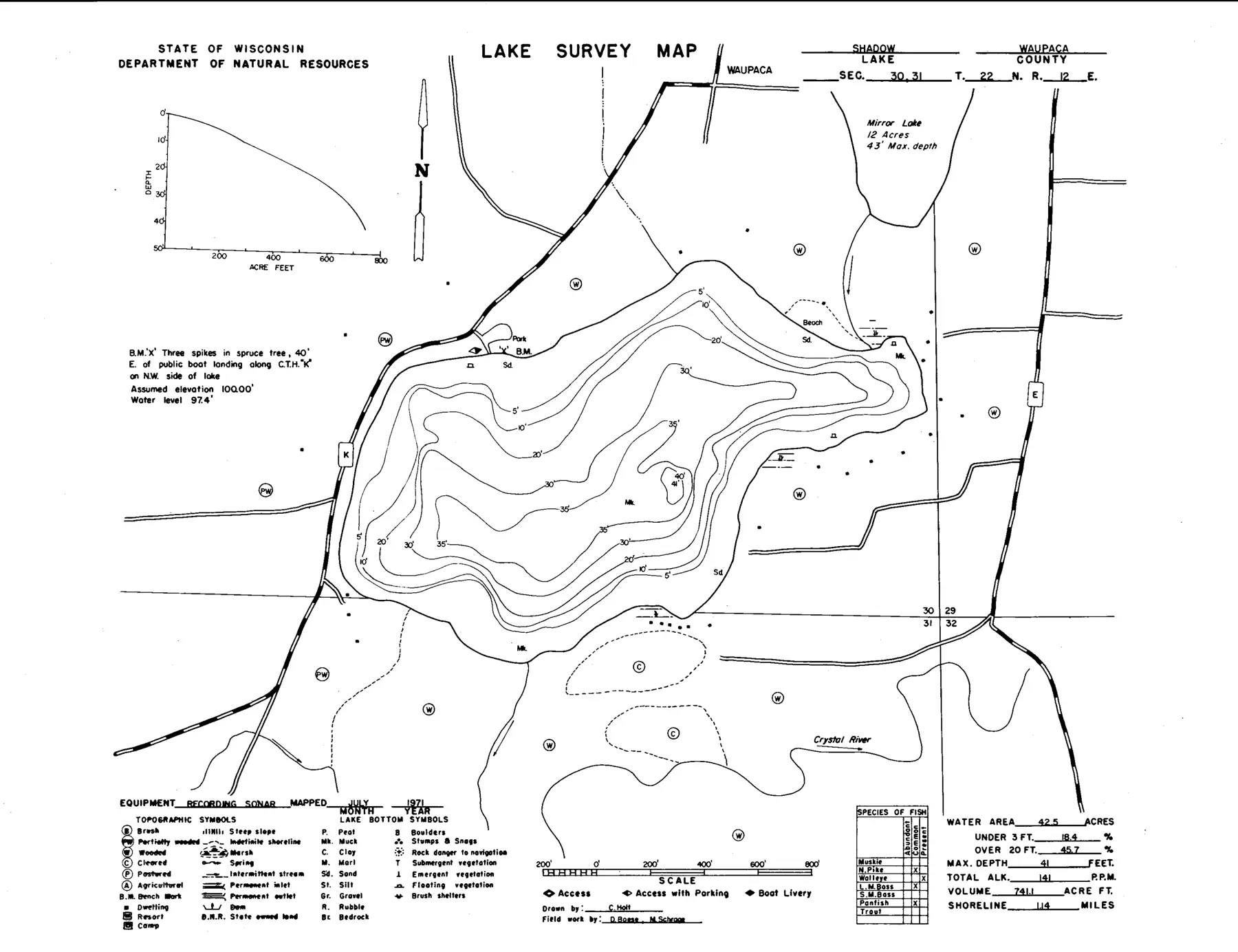 DNR survey map of Shadow Lake, with depths in feet. Tap to zoom.