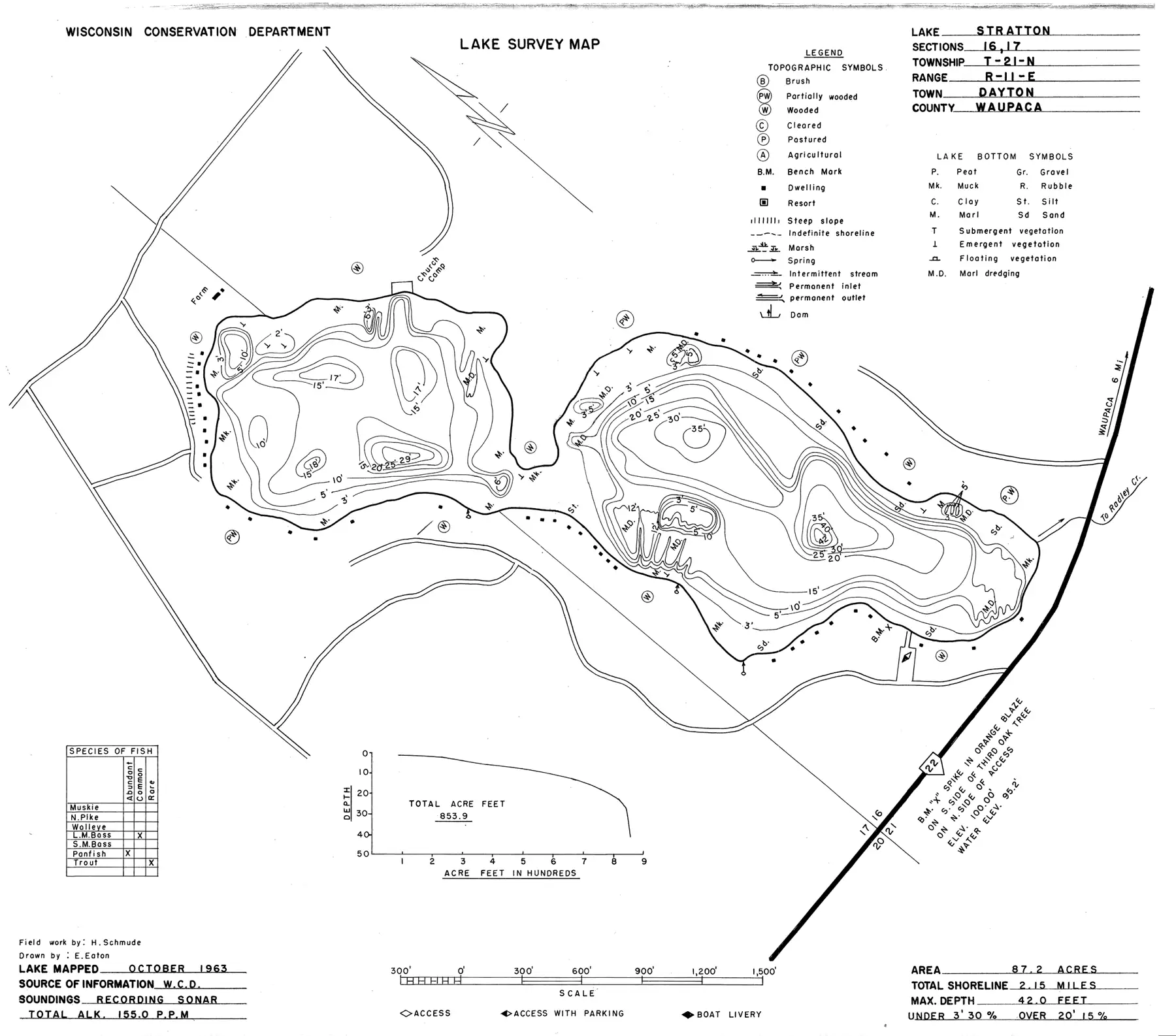 DNR survey map of Stratton Lake, with depths in feet. Tap to zoom.