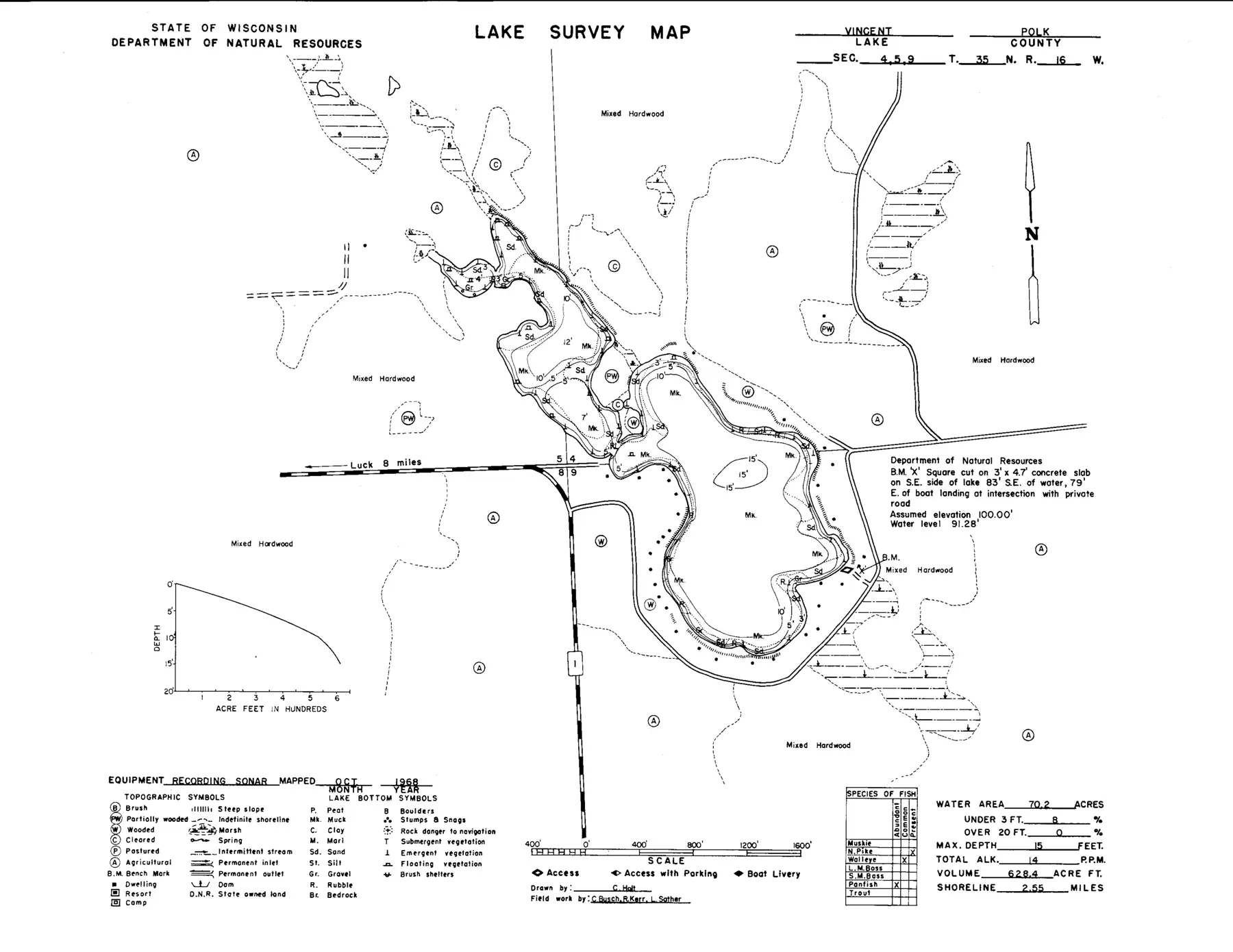 DNR survey map of Vincent Lake, with depths in feet. Tap to zoom.