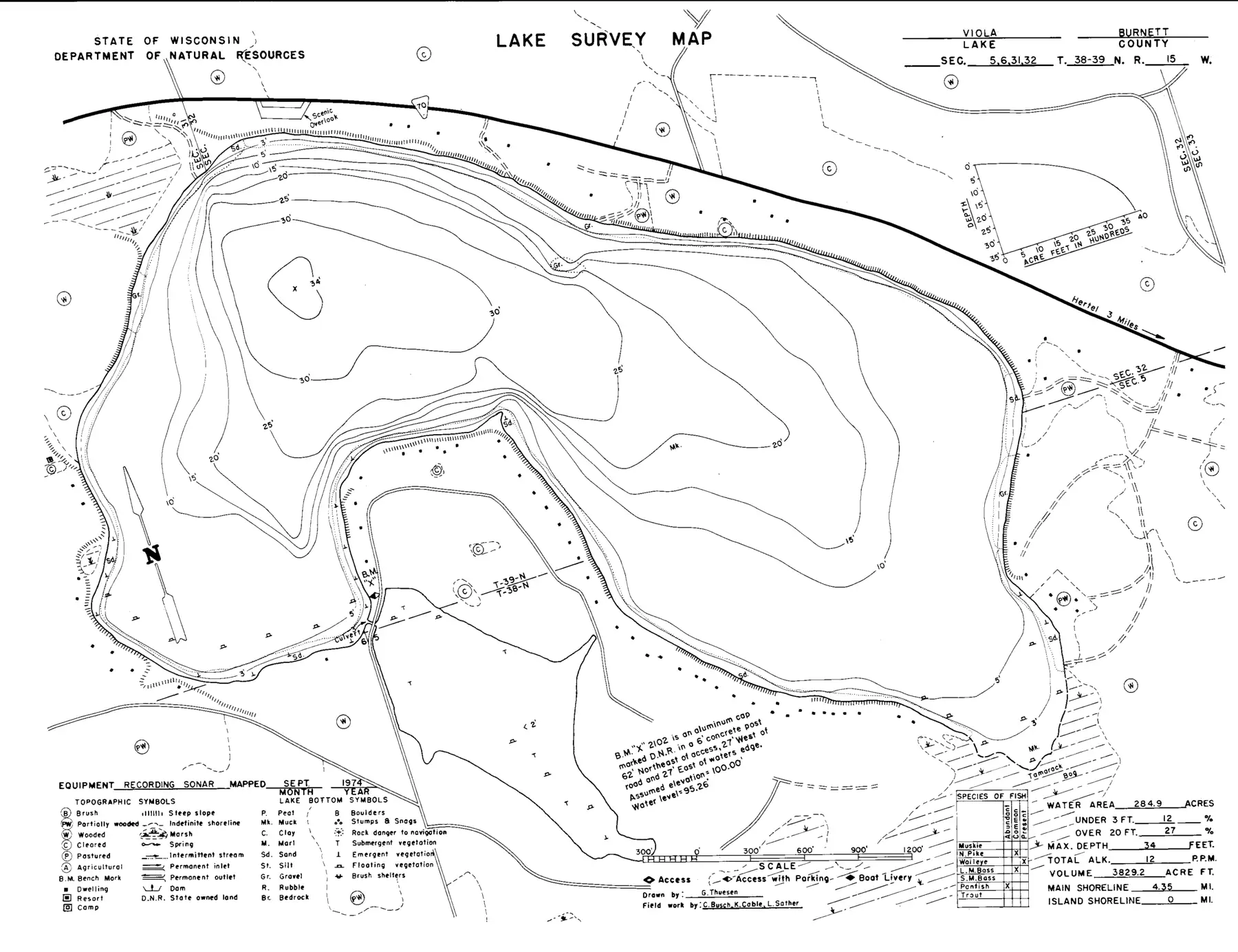 DNR survey map of Viola Lake, with depths in feet. Tap to zoom.