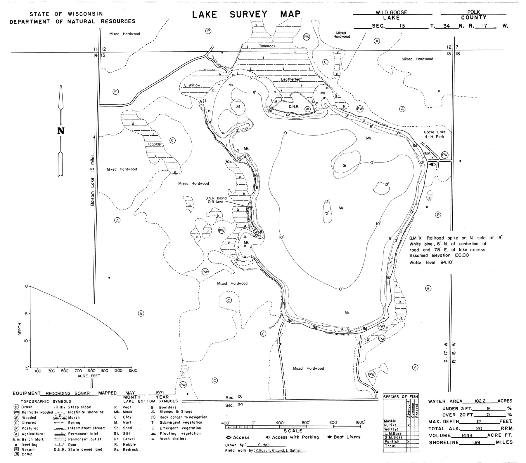 DNR survey map of Wild Goose Lake, with depths in feet. Tap to zoom.