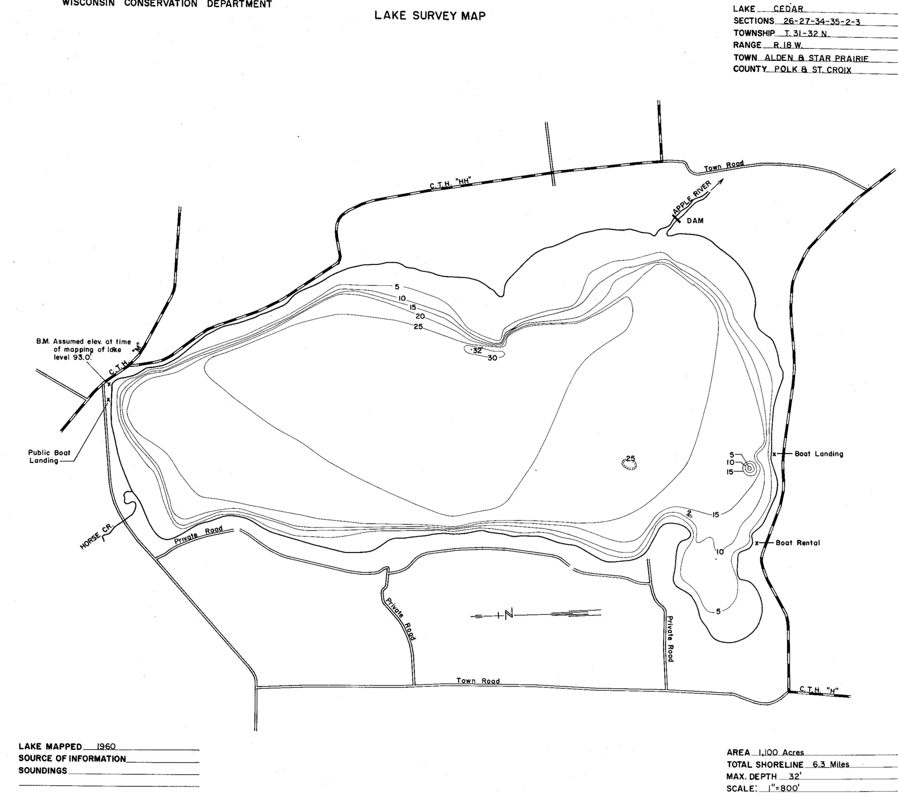 DNR survey map of Cedar Lake, with depths in feet. Tap to zoom.