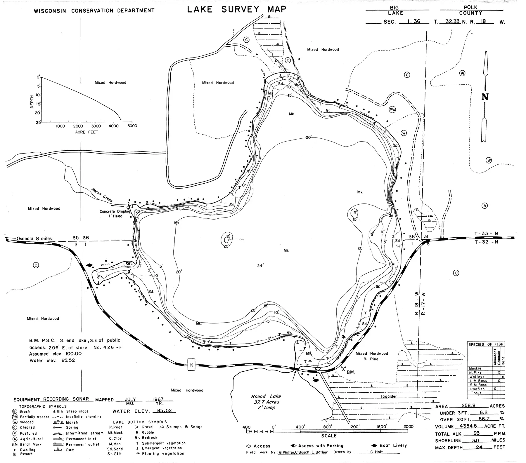 DNR survey map of Big Lake, with depths in feet. Tap to zoom.
