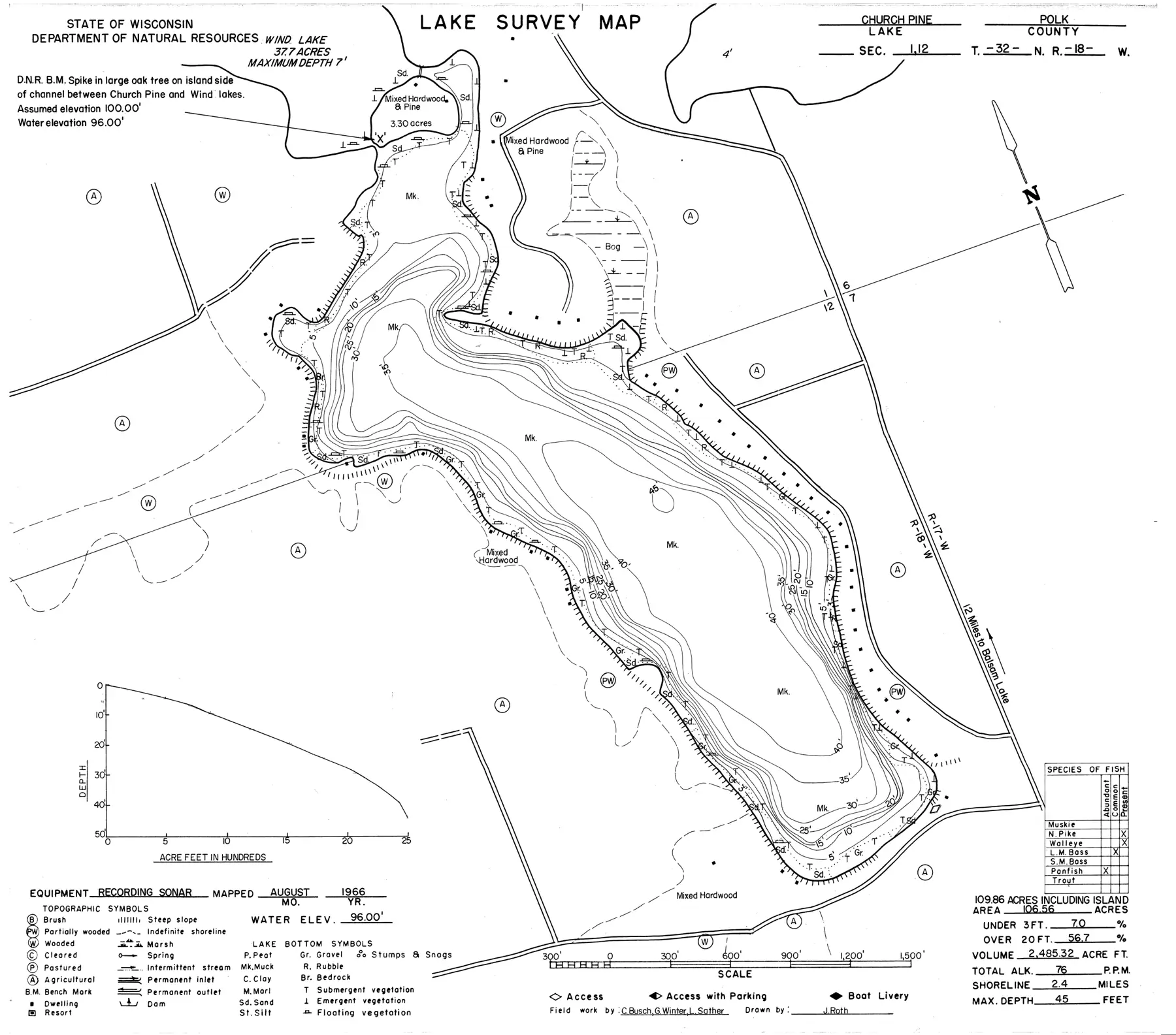 DNR survey map of Church Pine Lake, with depths in feet. Tap to zoom.