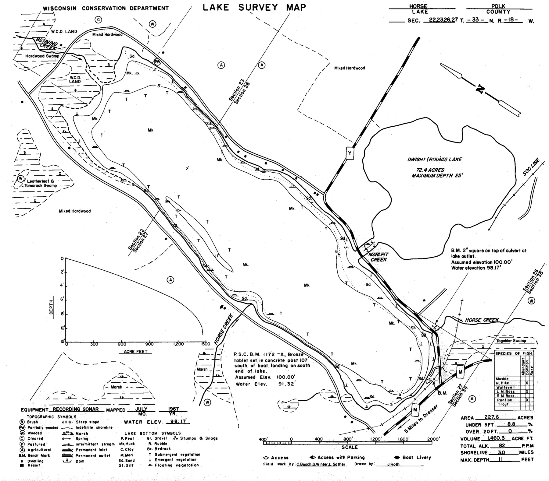 DNR survey map of Horse Lake, with depths in feet. Tap to zoom.