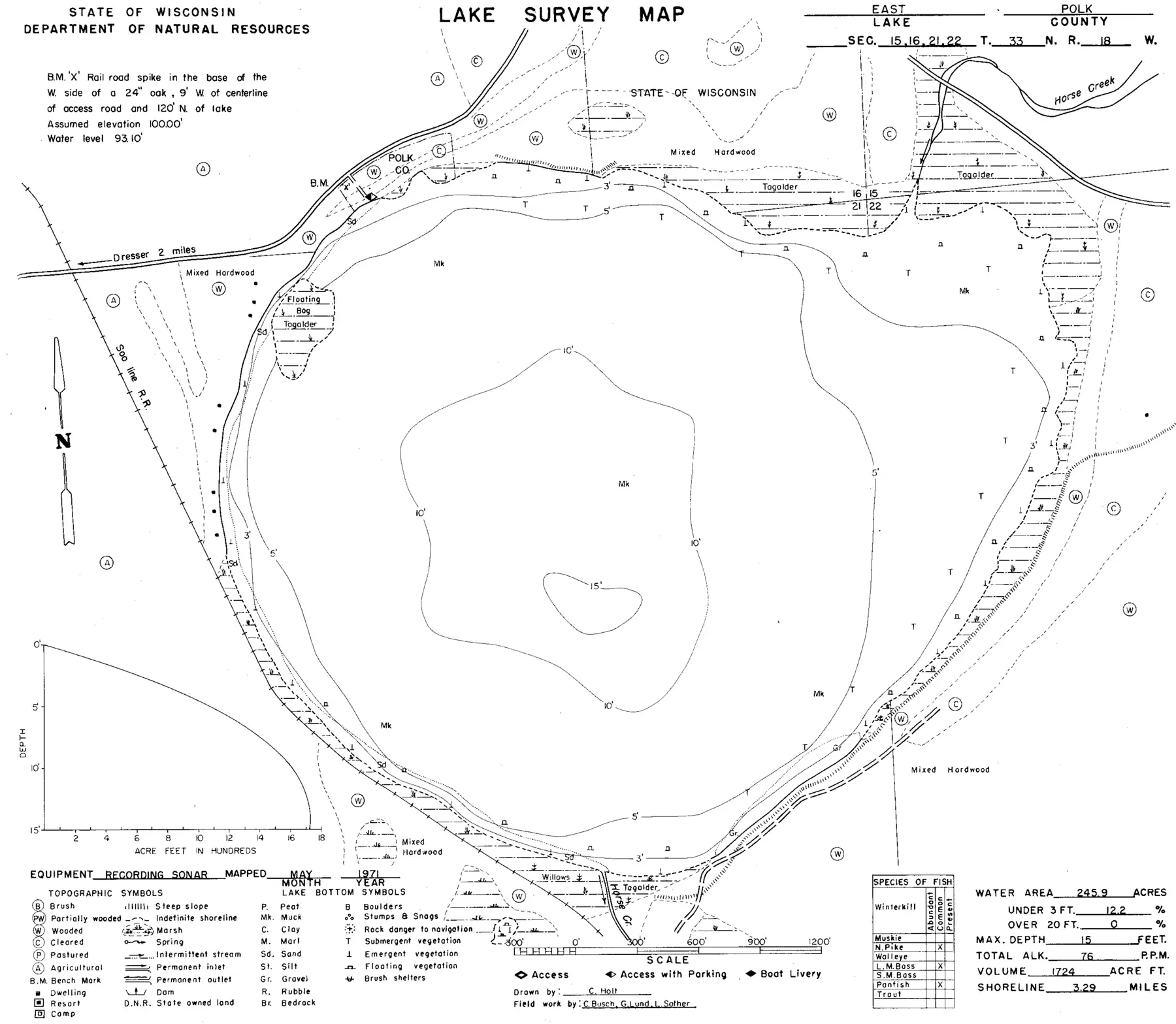 DNR survey map of Lotus Lake, with depths in feet. Tap to zoom.