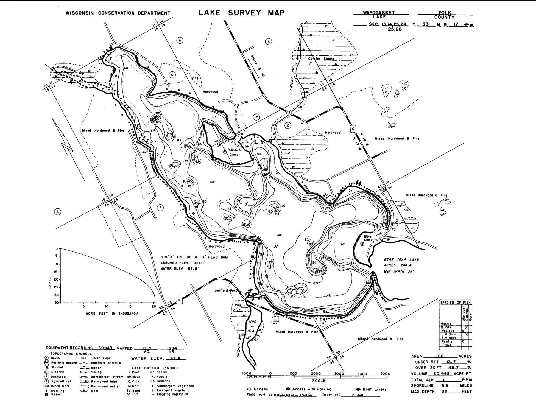 DNR survey map of Wapogasset Lake, with depths in feet. Tap to zoom.