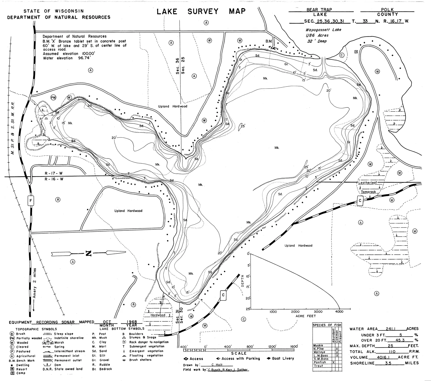 DNR survey map of Bear Trap Lake, with depths in feet. Tap to zoom.