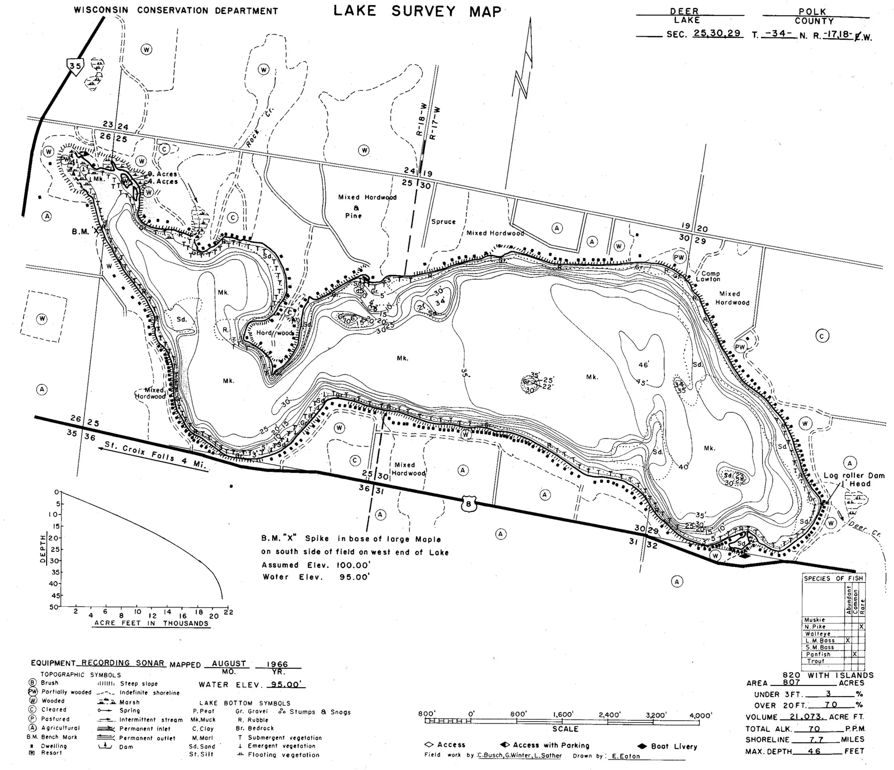 DNR survey map of Deer Lake, with depths in feet. Tap to zoom.