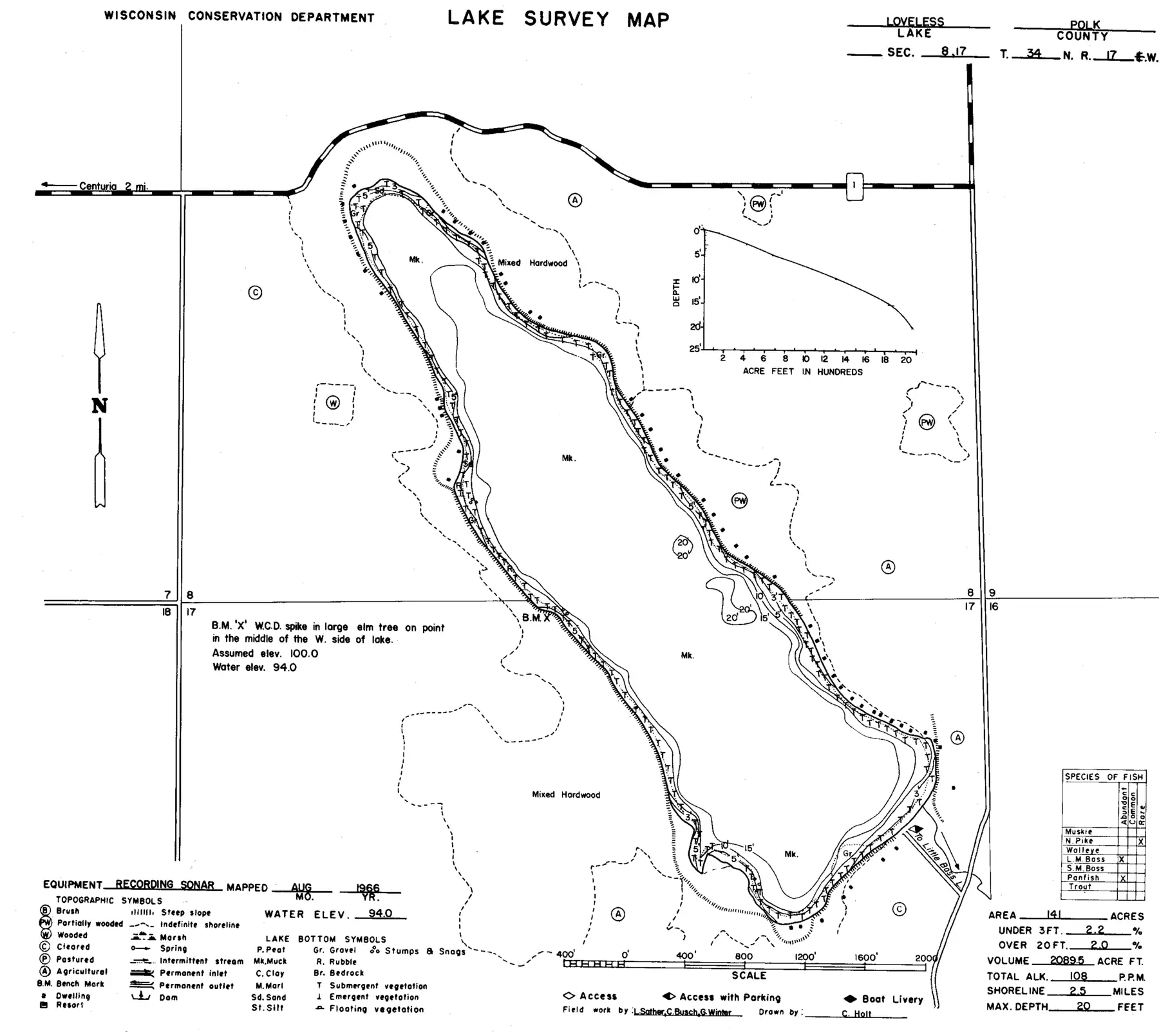 DNR survey map of Loveless Lake, with depths in feet. Tap to zoom.