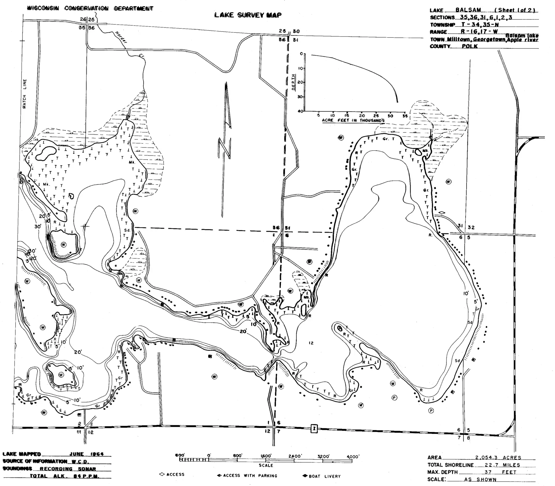 DNR survey map of Balsam Lake, sheet 1 of 2, with depths in feet. Tap to zoom.