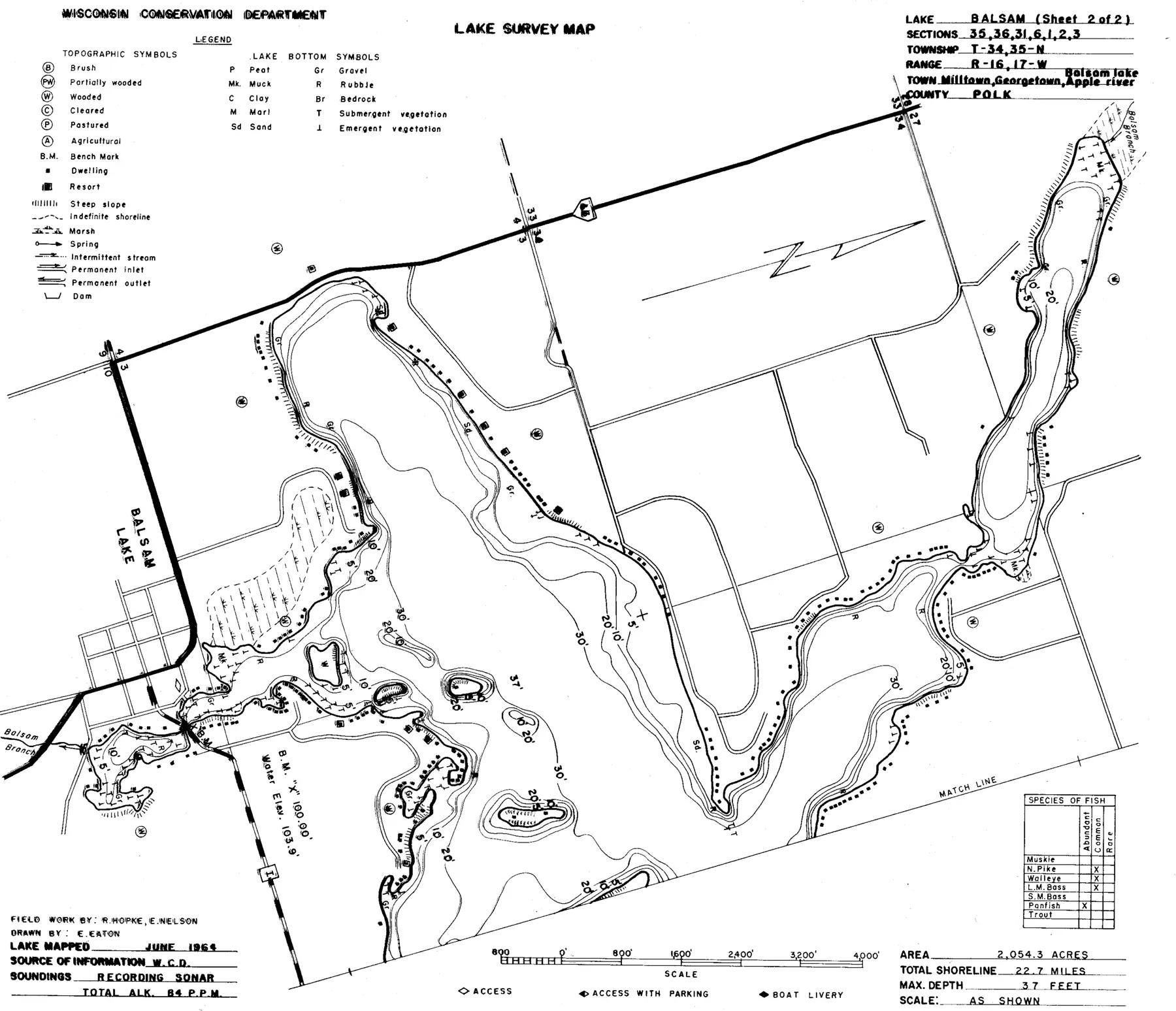 DNR survey map of Balsam Lake, sheet 2 of 2, with depths in feet. Tap to zoom.