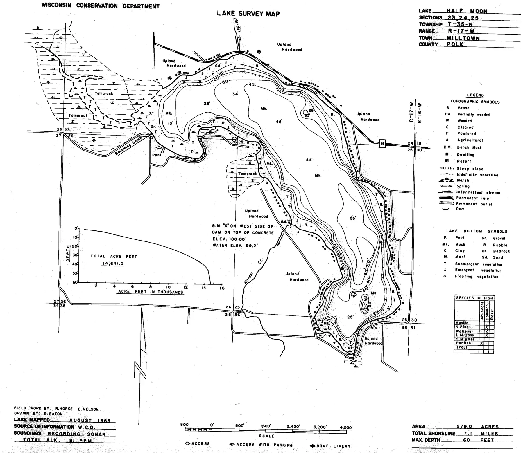 DNR survey map of Half Moon Lake, with depths in feet. Tap to zoom.