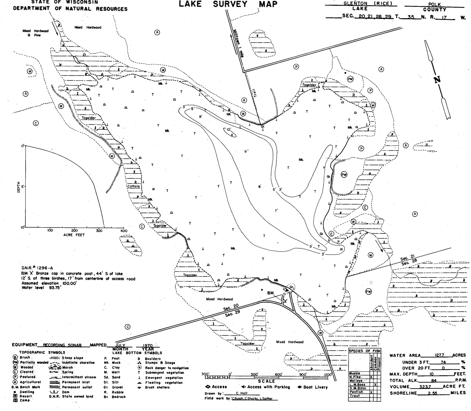 DNR survey map of Rice Lake, with depths in feet. Tap to zoom.