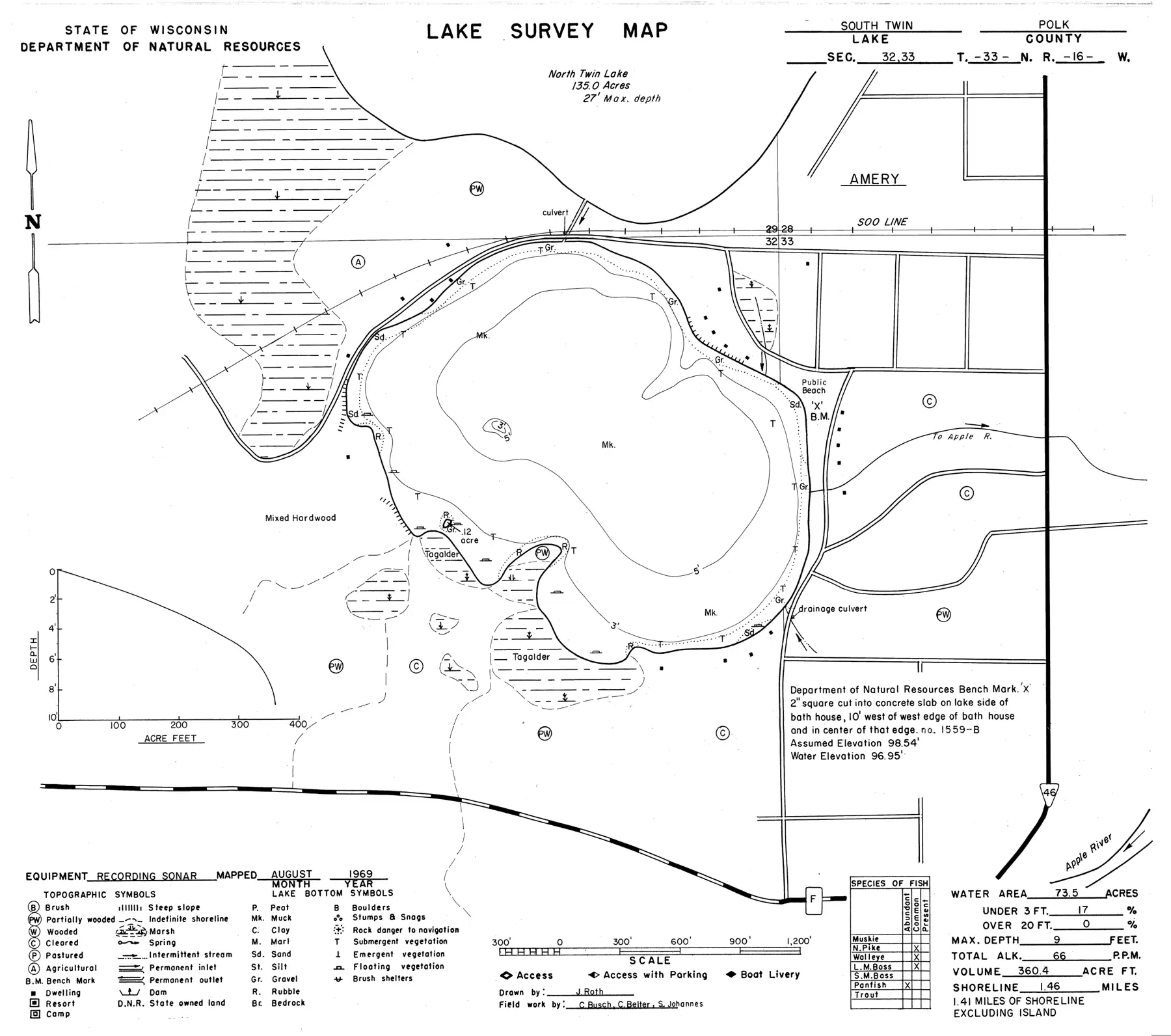 DNR survey map of South Twin Lake, with depths in feet. Tap to zoom.