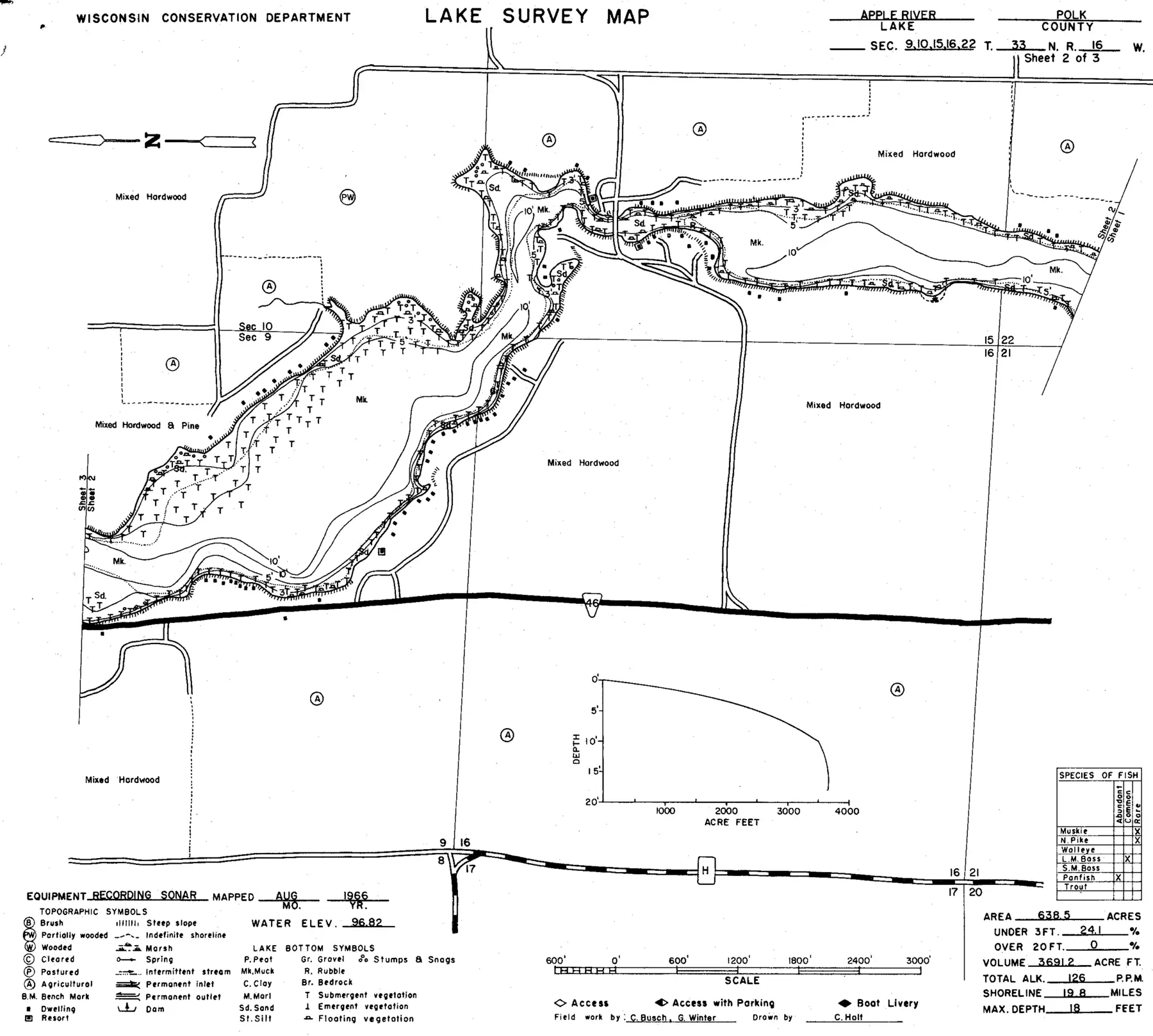 DNR survey map of Apple River Flowage, sheet 2 of 3, with depths in feet. Tap to zoom.