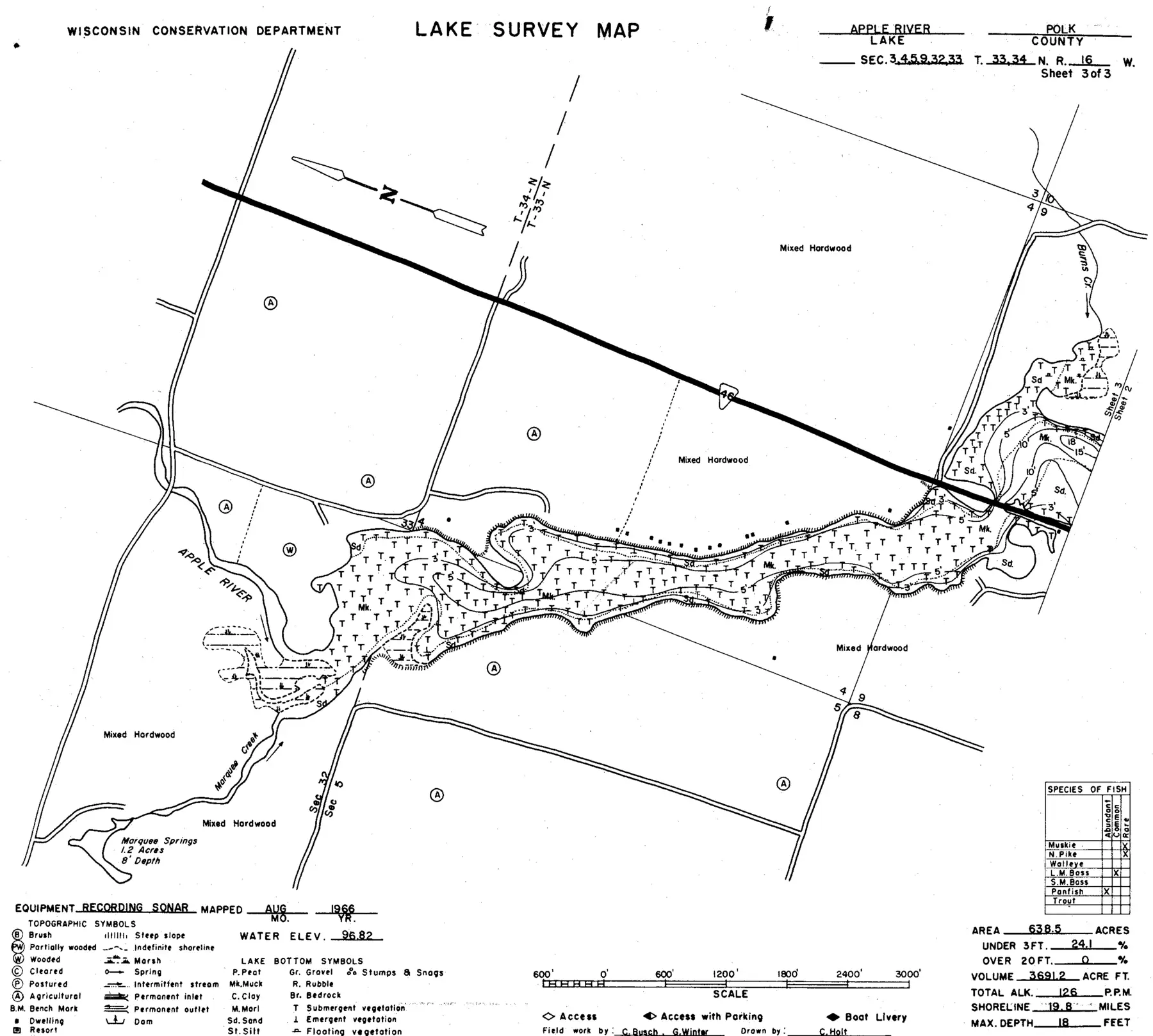 DNR survey map of Apple River Flowage, sheet 3 of 3. Tap to zoom.