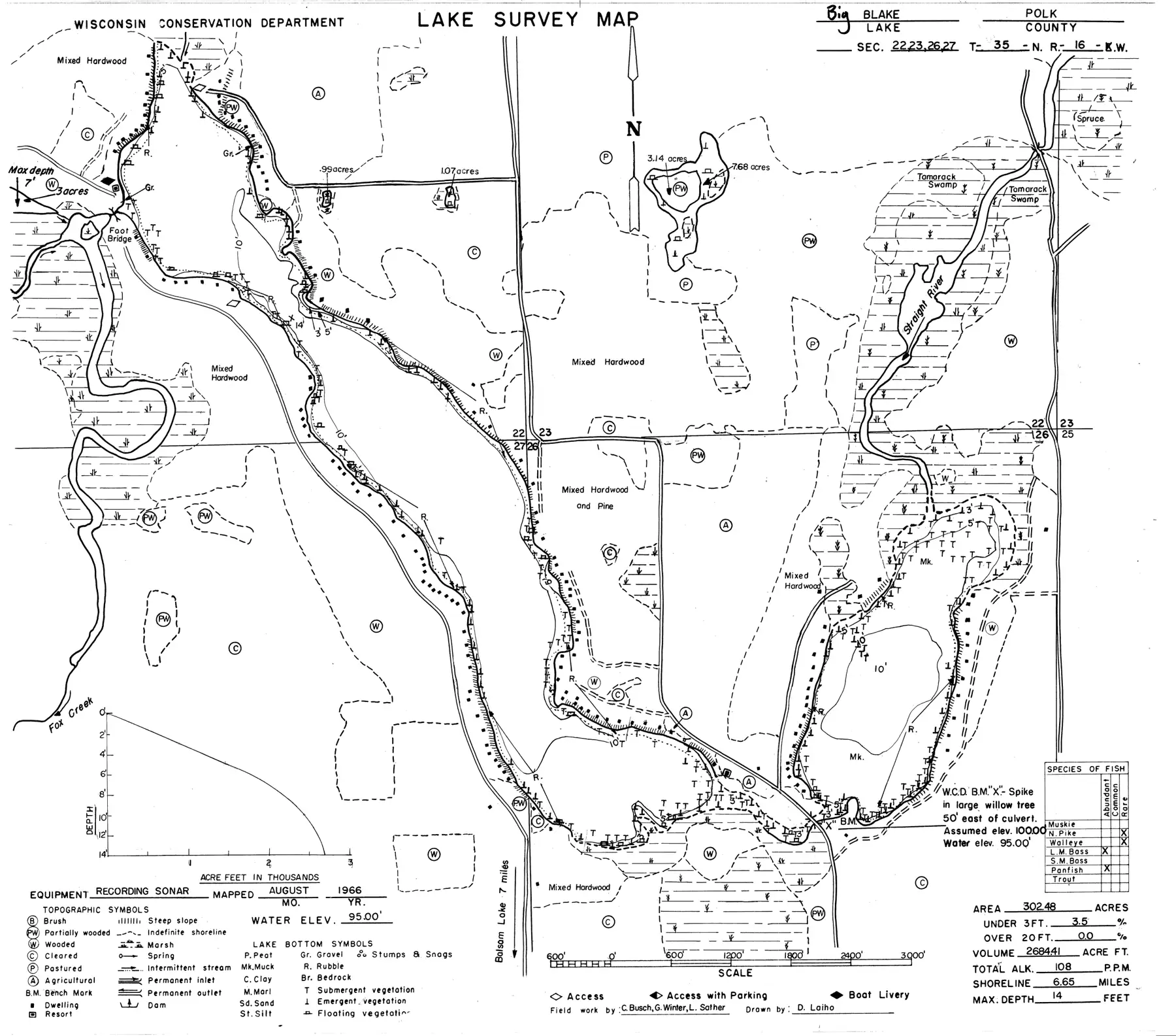 DNR survey map of Big Blake Lake, with depths in feet. Tap to zoom.
