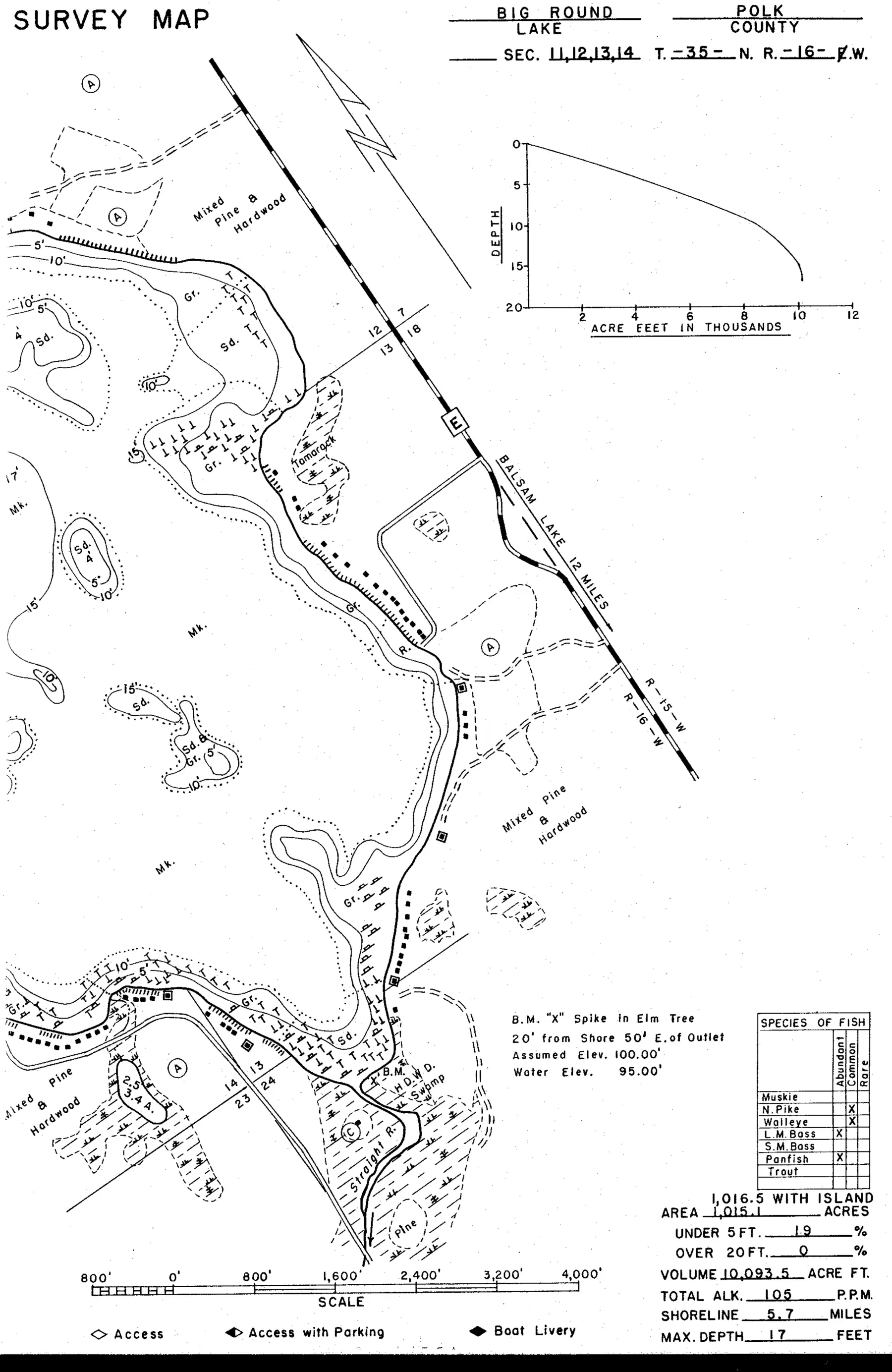 DNR survey map of Big Round Lake, sheet 1 of 2, with depths in feet. Tap to zoom.