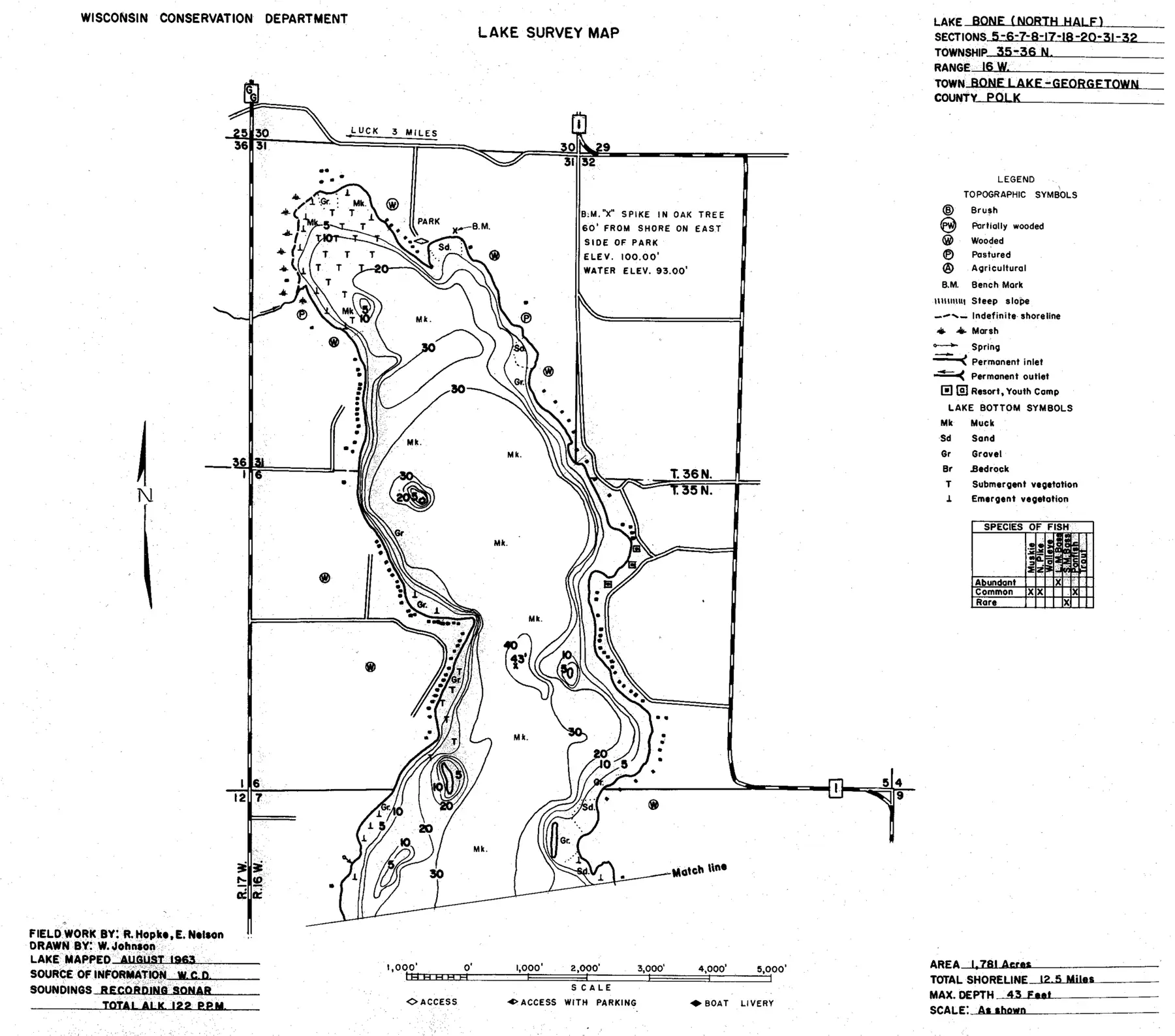 DNR survey map of Bone Lake, sheet 1 of 2, with depths in feet. Tap to zoom.