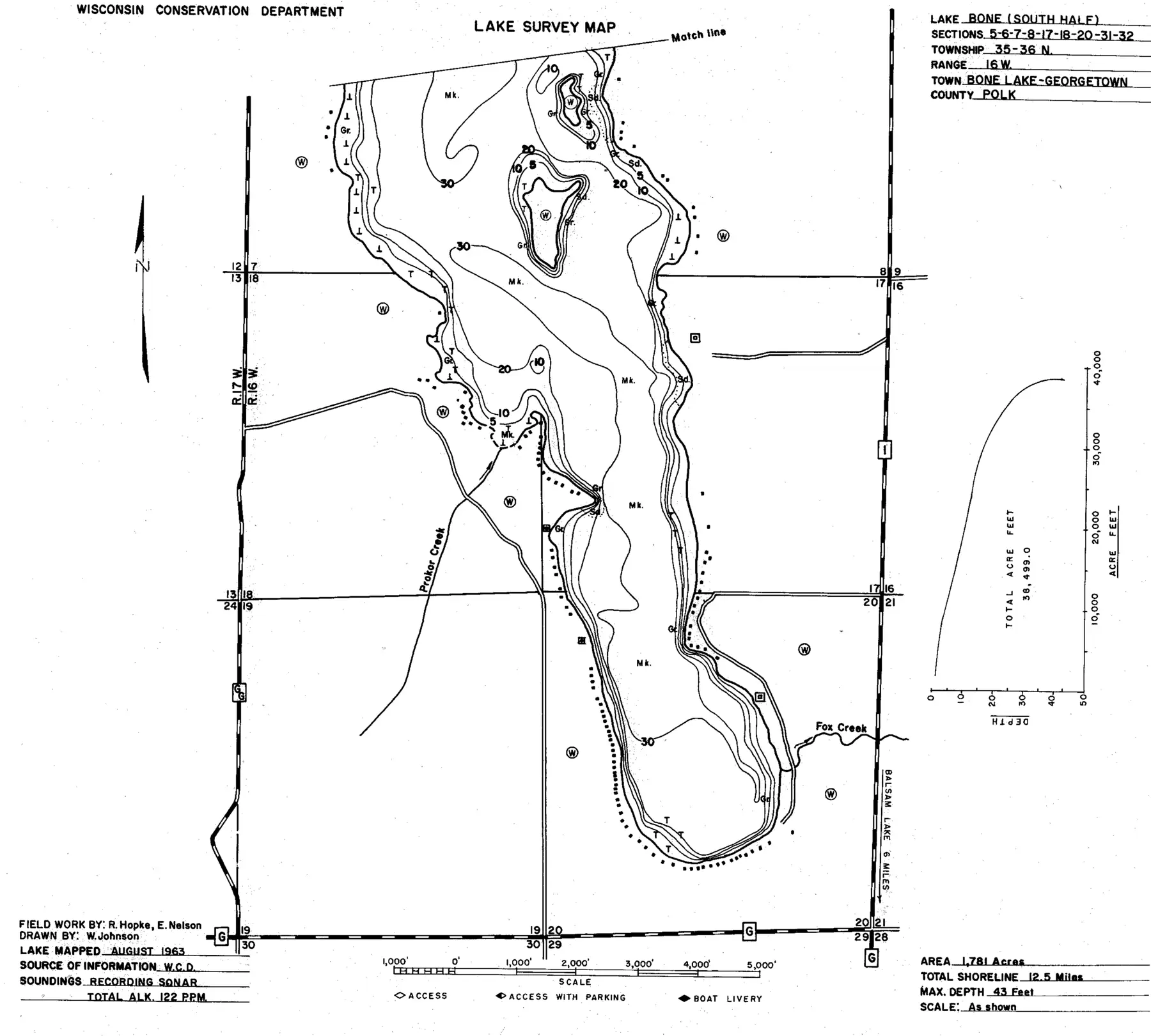 DNR survey map of Bone Lake, sheet 2 of 2, with depths in feet. Tap to zoom.