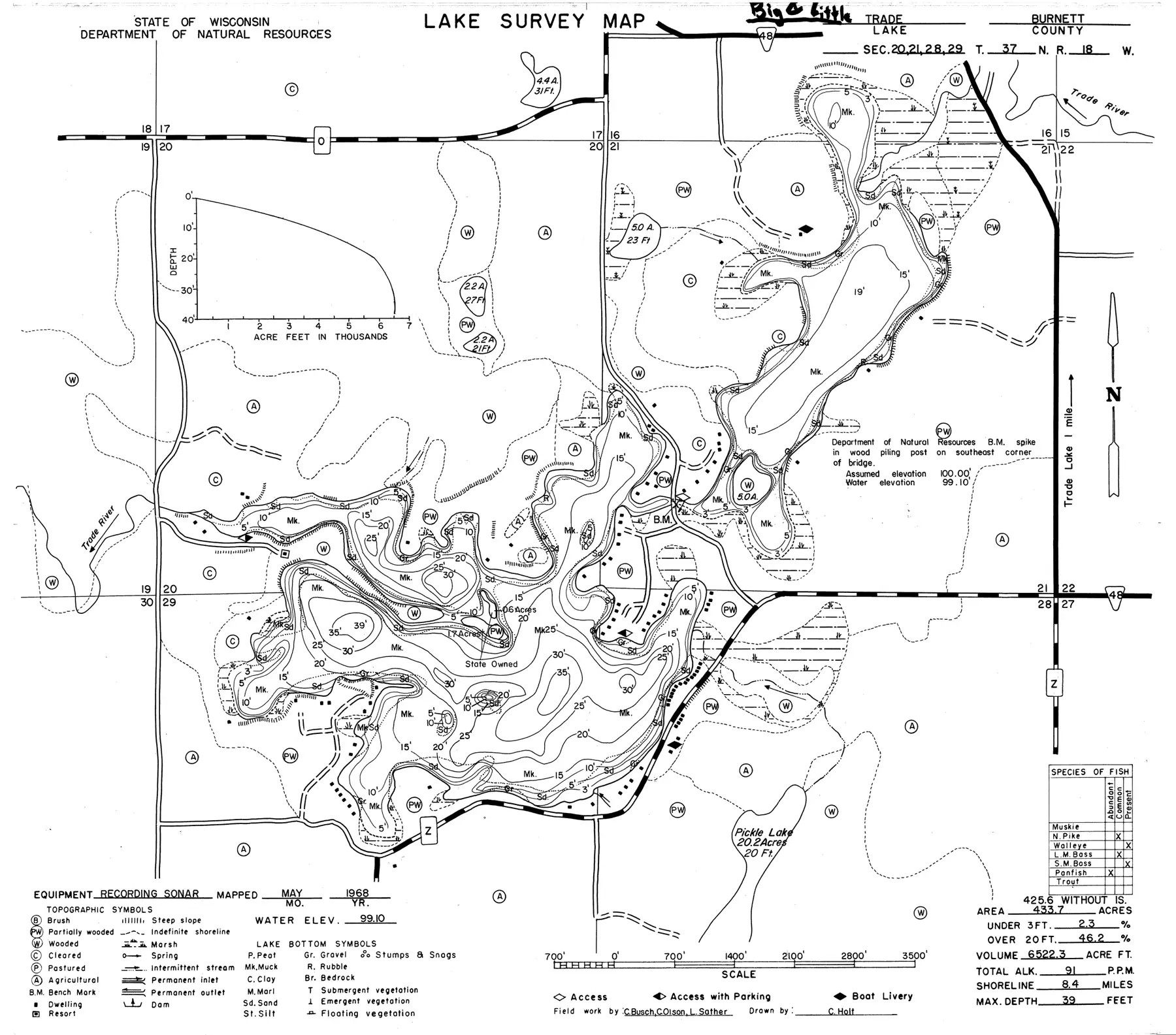 DNR survey map of Big Trade Lake, with depths in feet. Tap to zoom.