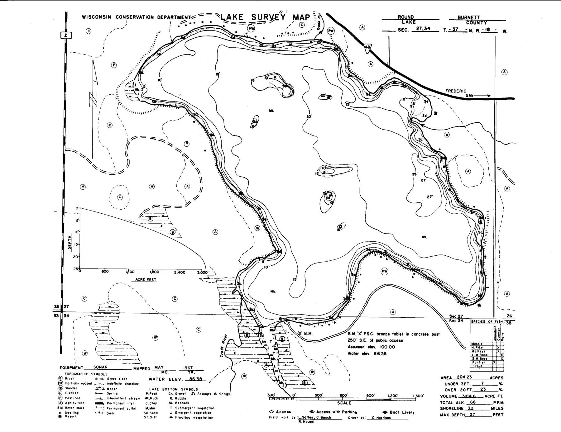 DNR survey map of Round Lake, with depths in feet. Tap to zoom.